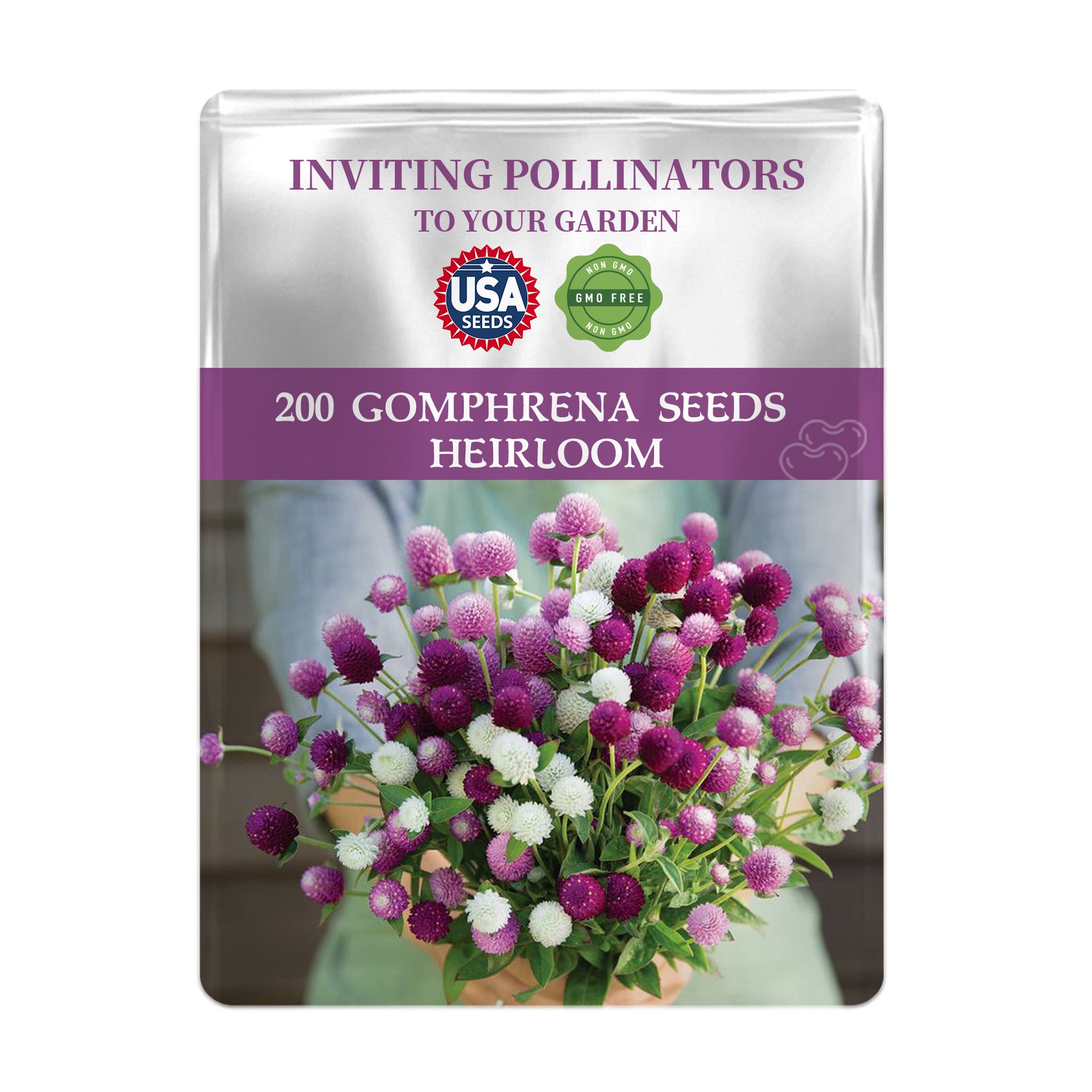 Seeds packet for Globe Amaranth Gomphrena Seeds with a picture of flowers on a white background