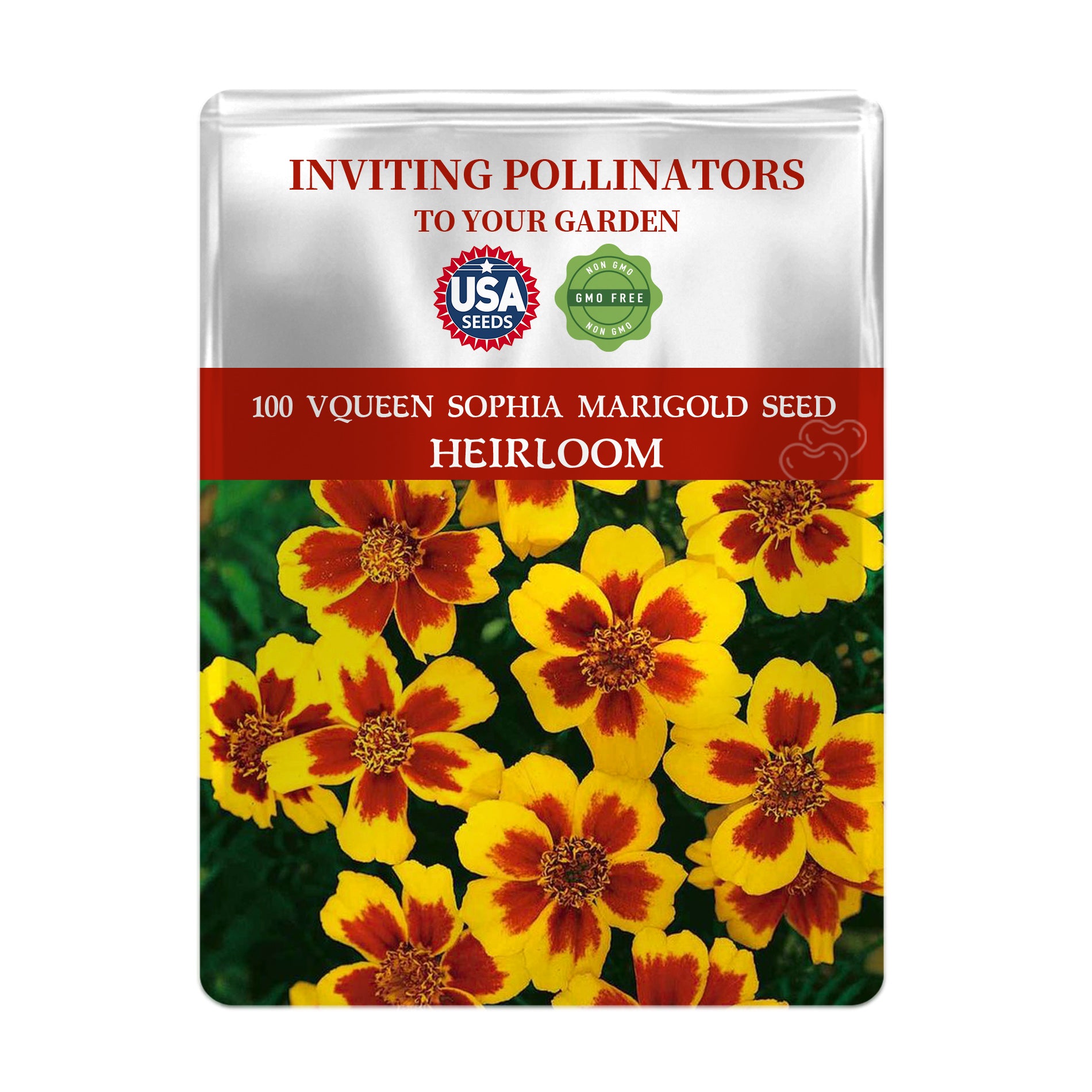 Seed packet for Queen Sophia Marigold Seeds with images of marigolds on a white background