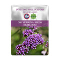 Package of Verbena seeds with purple flowers on a white background