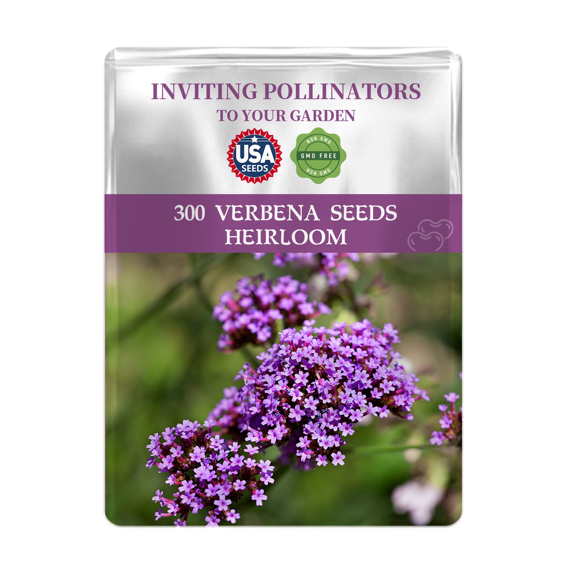 Package of Verbena seeds with purple flowers on a white background