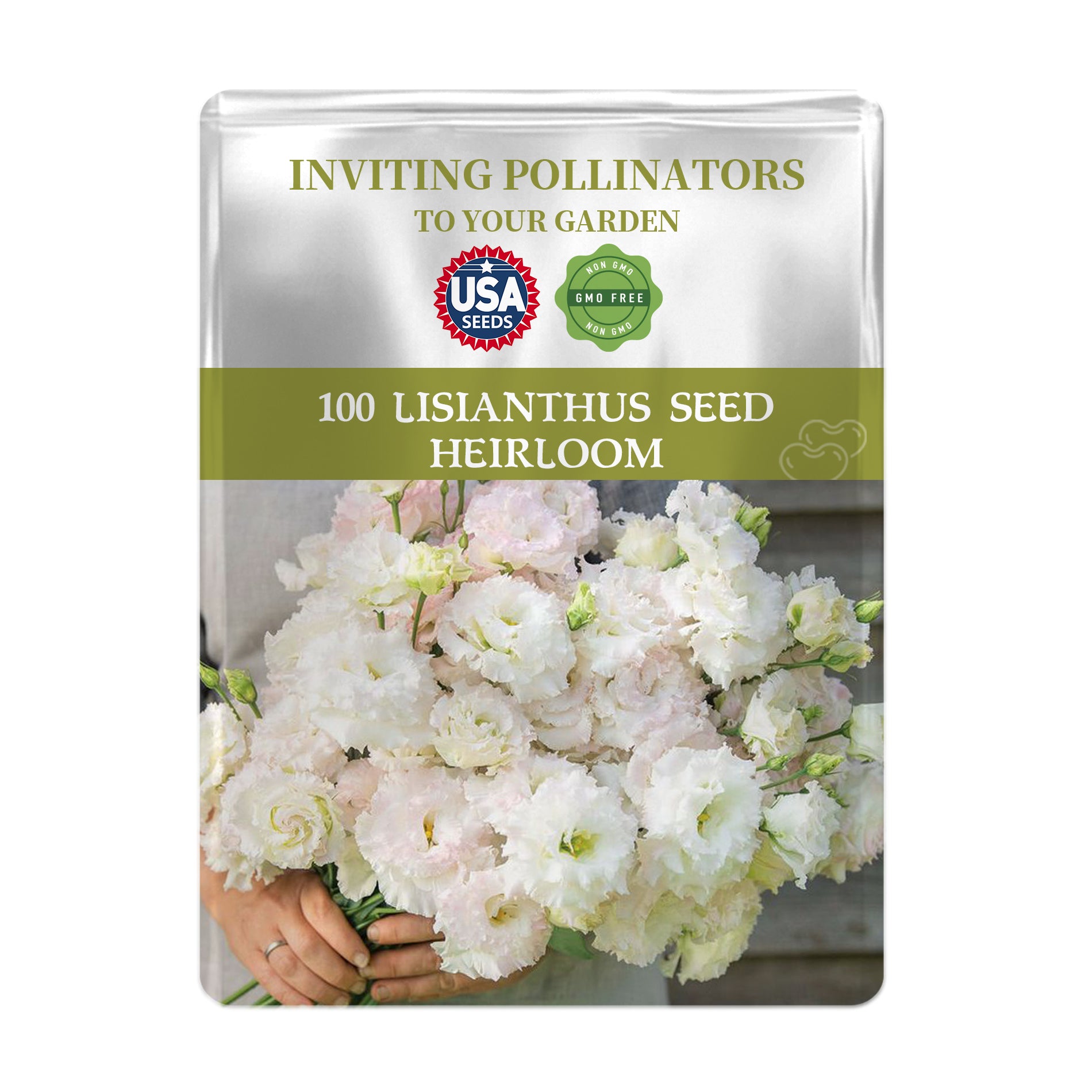 Seed packet for Double Rose Varieties Lisianthus Seeds with a person holding flowers on a white background