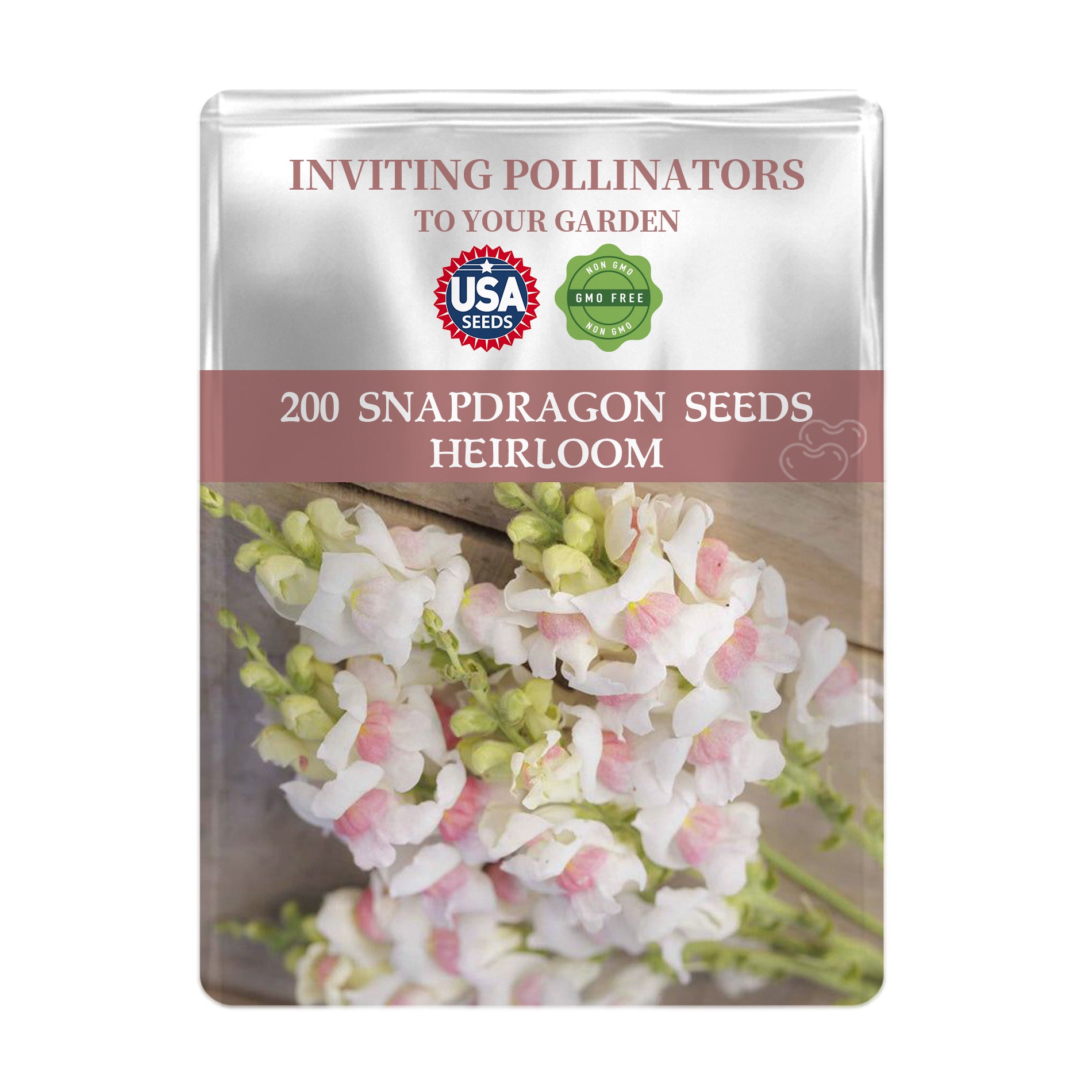 Seed packet for Snapdragon seeds with floral imagery on a white background