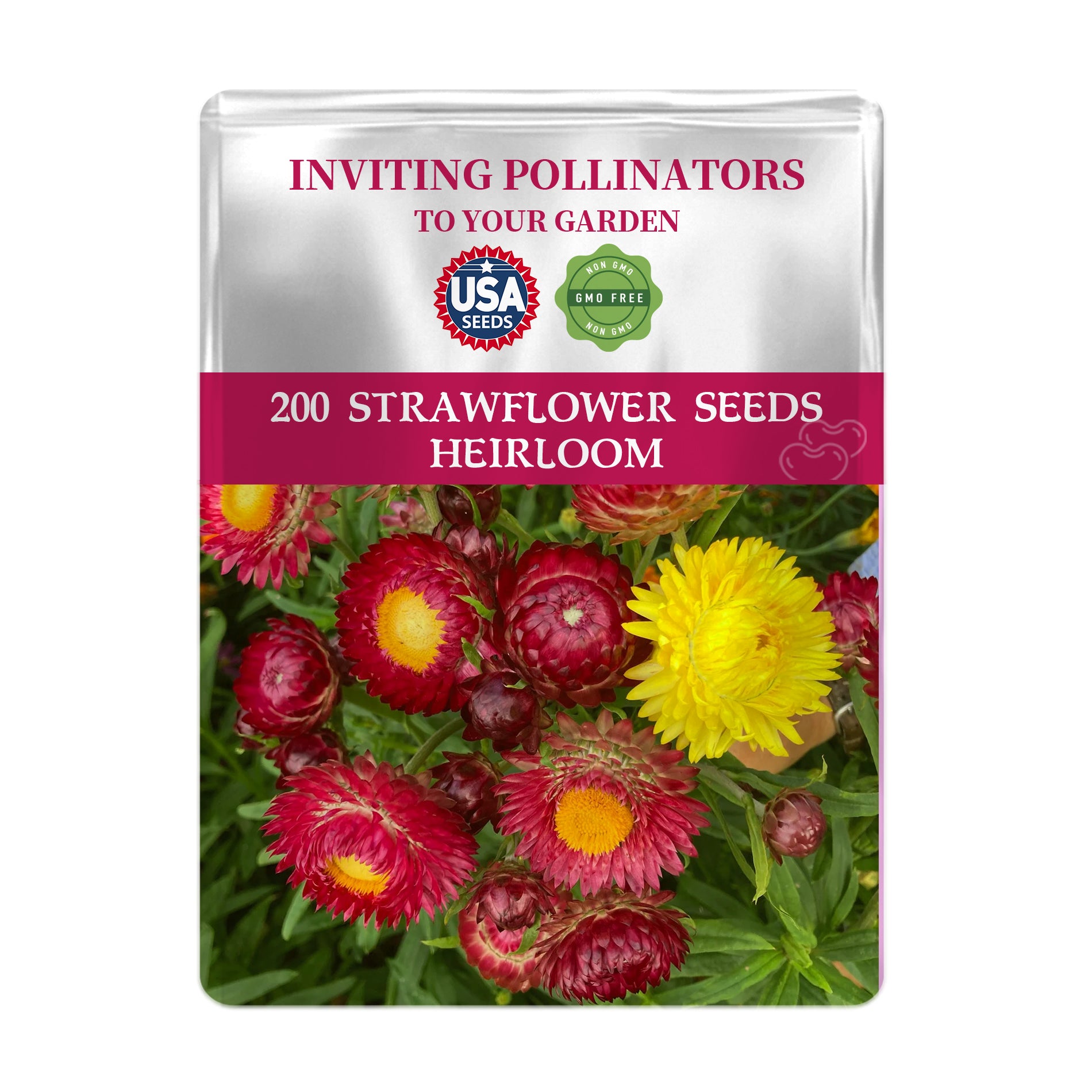 Package of 200 Everlasting Flower Strawflower Seeds with red and yellow flowers on a white background