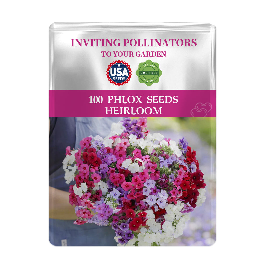 Seeds packet for 100 Annual Drummondii Phlox Seeds with colorful flowers on a white background
