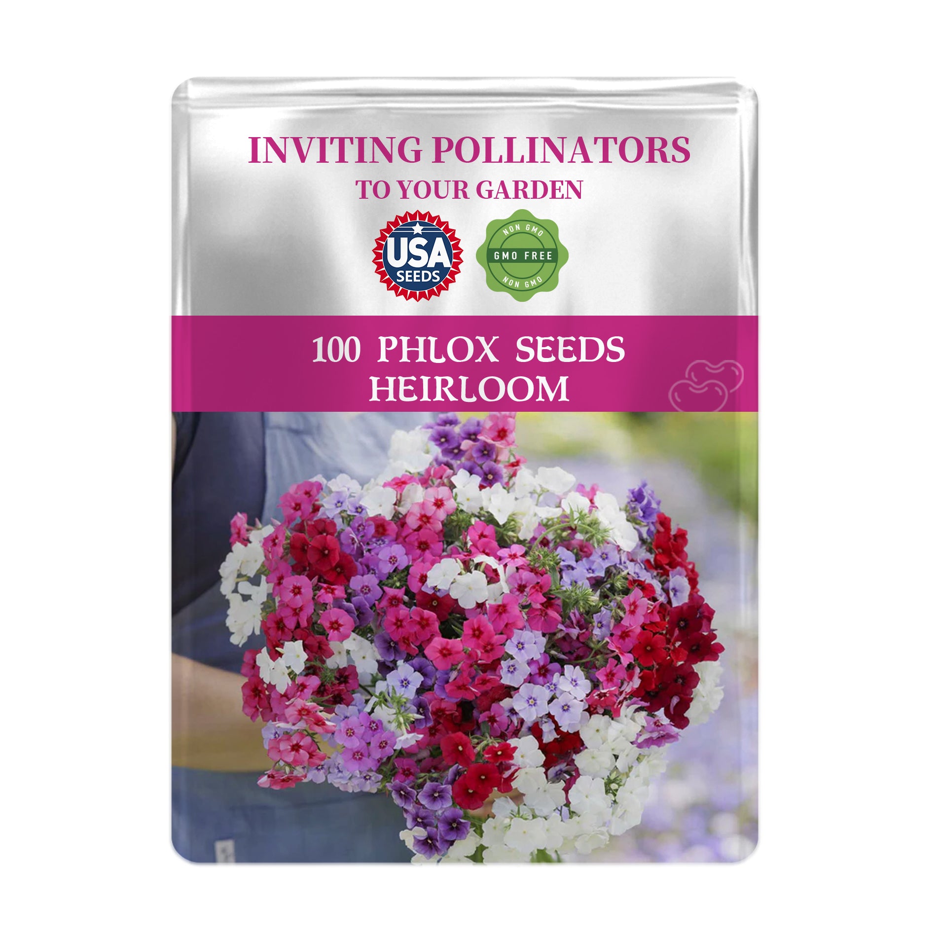 Seeds packet for 100 Annual Drummondii Phlox Seeds with colorful flowers on a white background