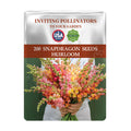 Seed packet for Snapdragon seeds with a person holding flowers on a white background