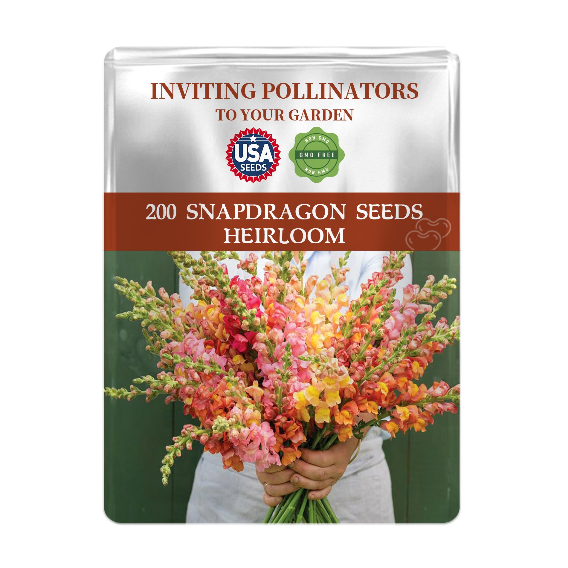 Seed packet for Snapdragon seeds with a person holding flowers on a white background