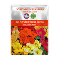 Pack of 200 Indian Cress Nasturtium Seeds with colorful flowers on a white background