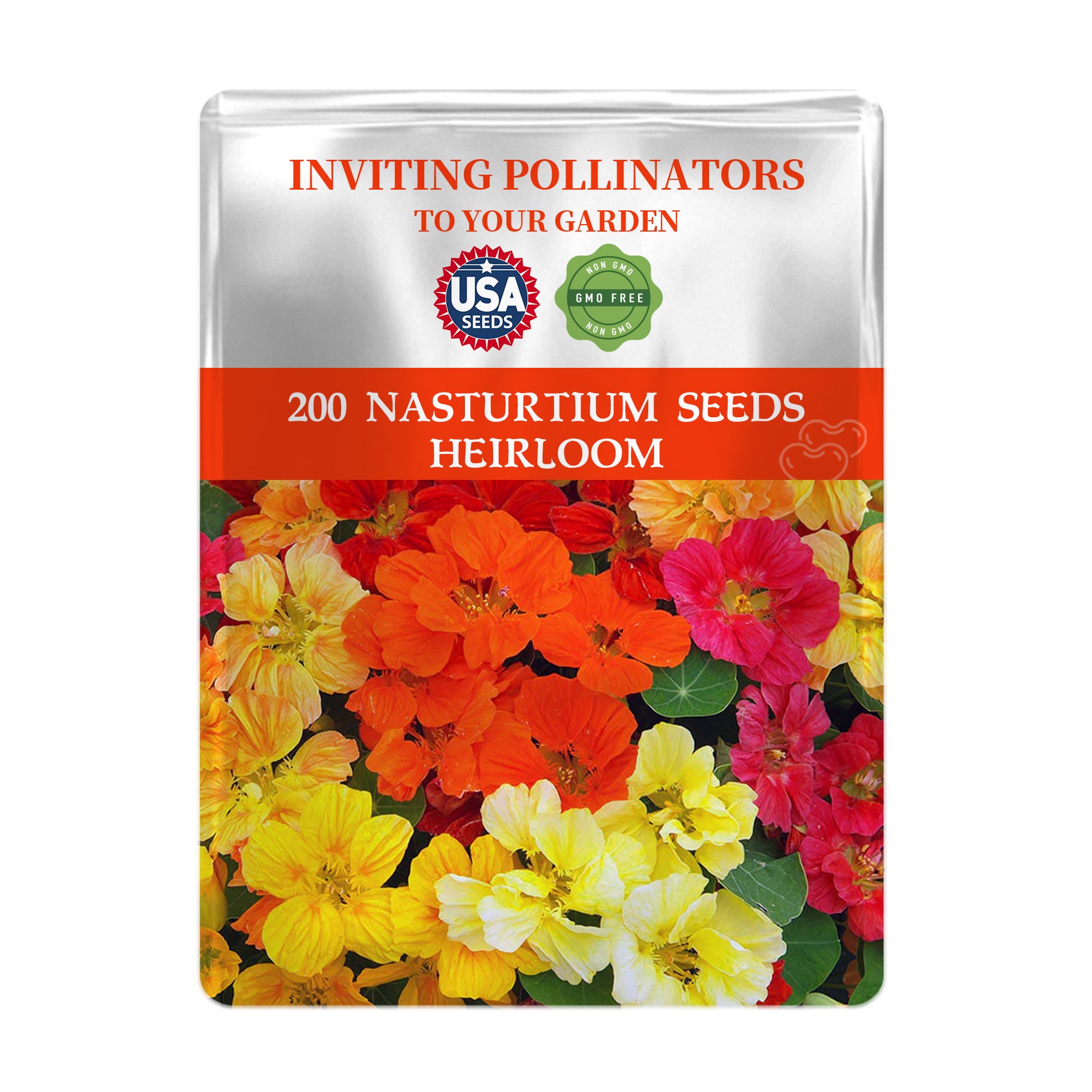 Pack of 200 Indian Cress Nasturtium Seeds with colorful flowers on a white background