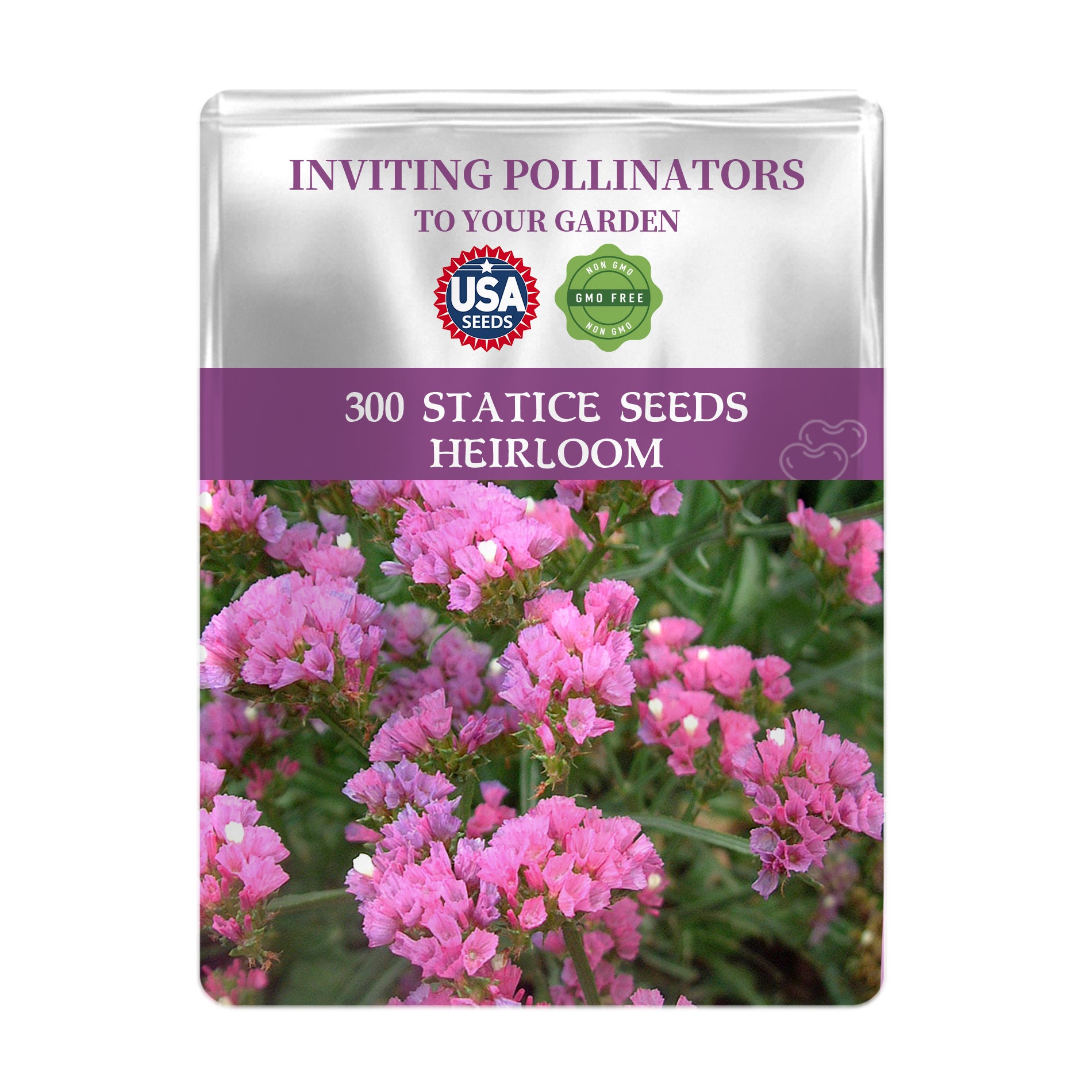 Statice Seeds-Sea Lavender Everlasting Seeds packet with pink flowers and branding on a white background