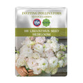 Seed packet for Double Rose Varieties Lisianthus Seeds with a person holding flowers on a white background