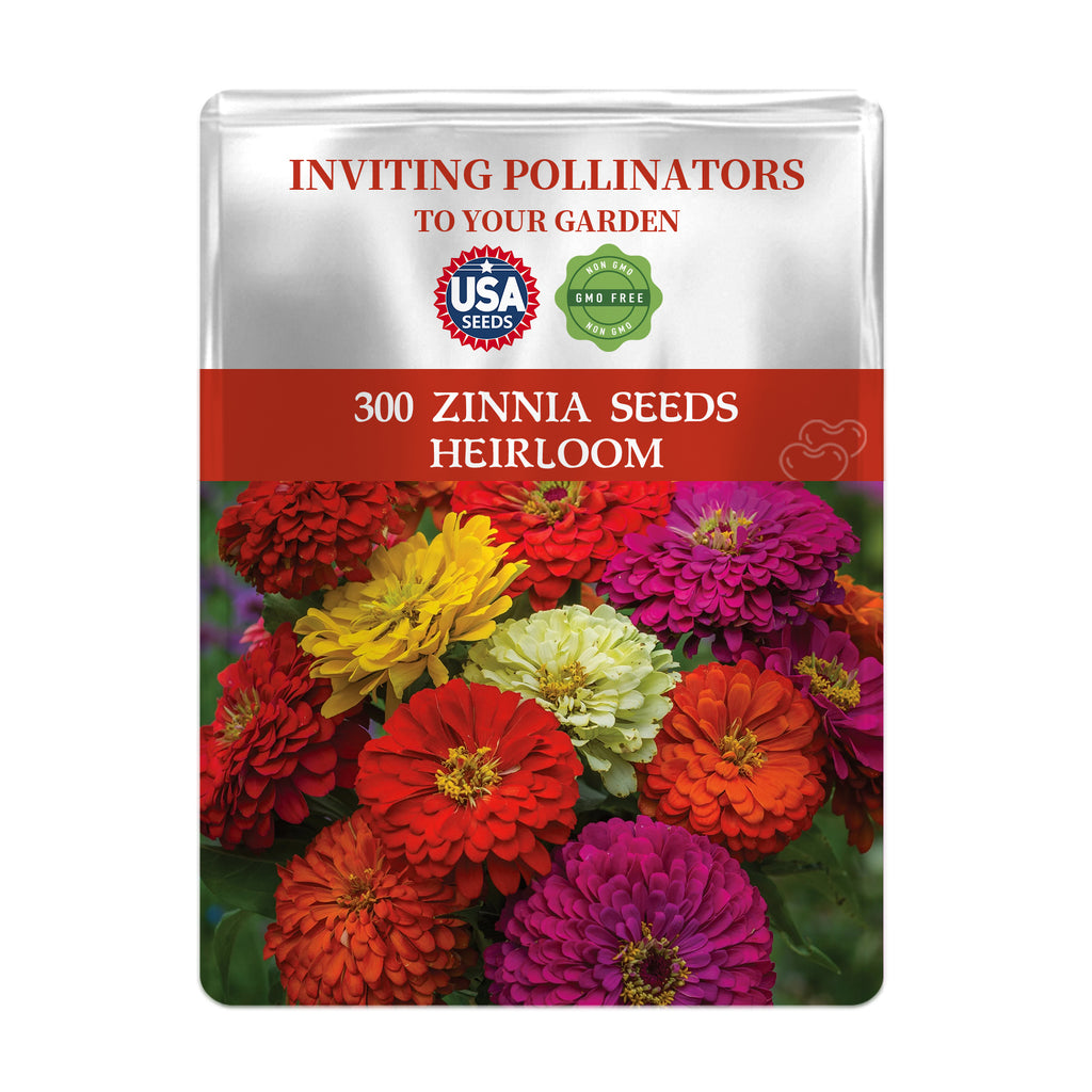 Seed packet for Zinnia seeds with colorful flowers on a white background