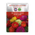 Seed packet for Zinnia seeds with colorful flowers on a white background