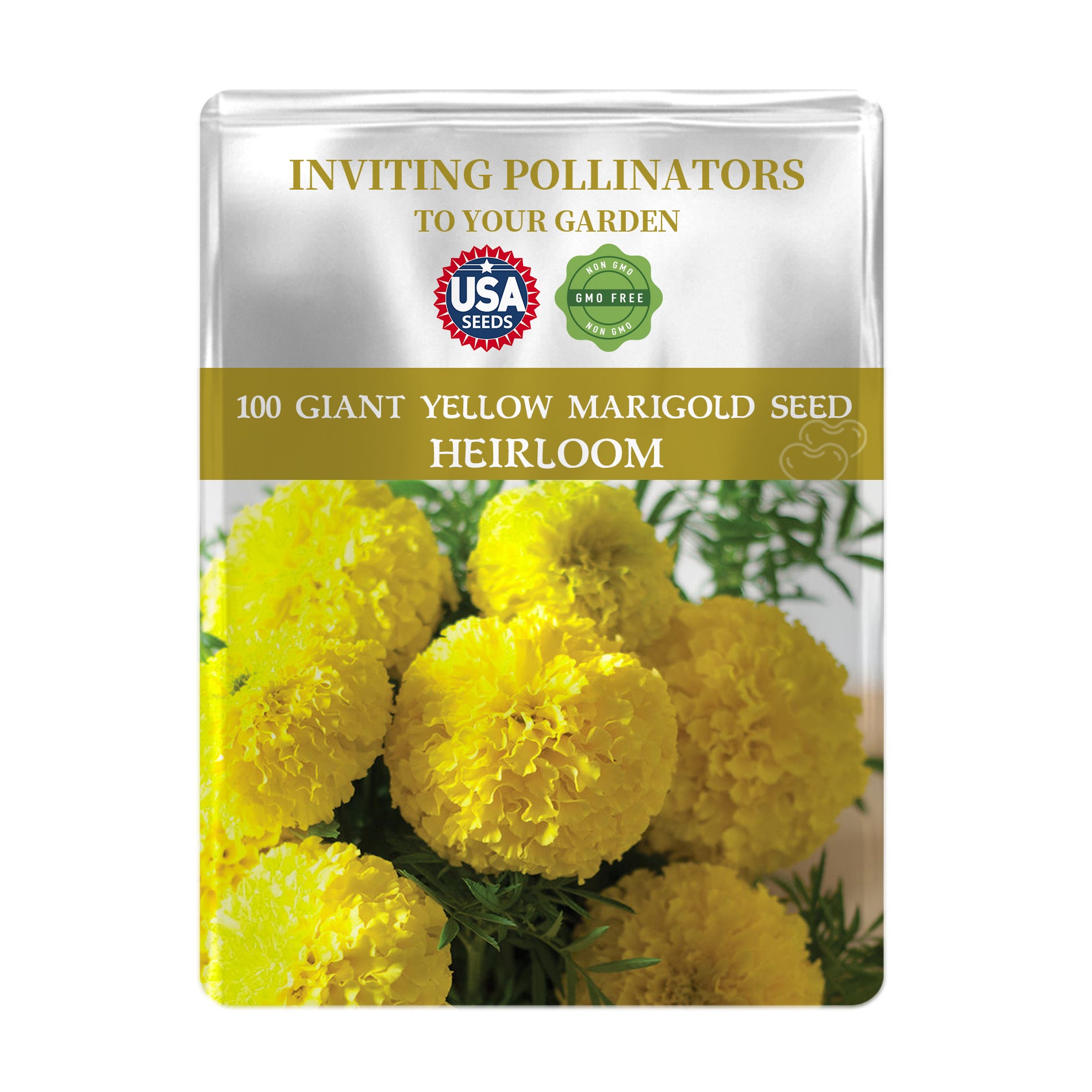 Seed packet for African Marigold Giant Marigold Seeds with USA Seeds branding.