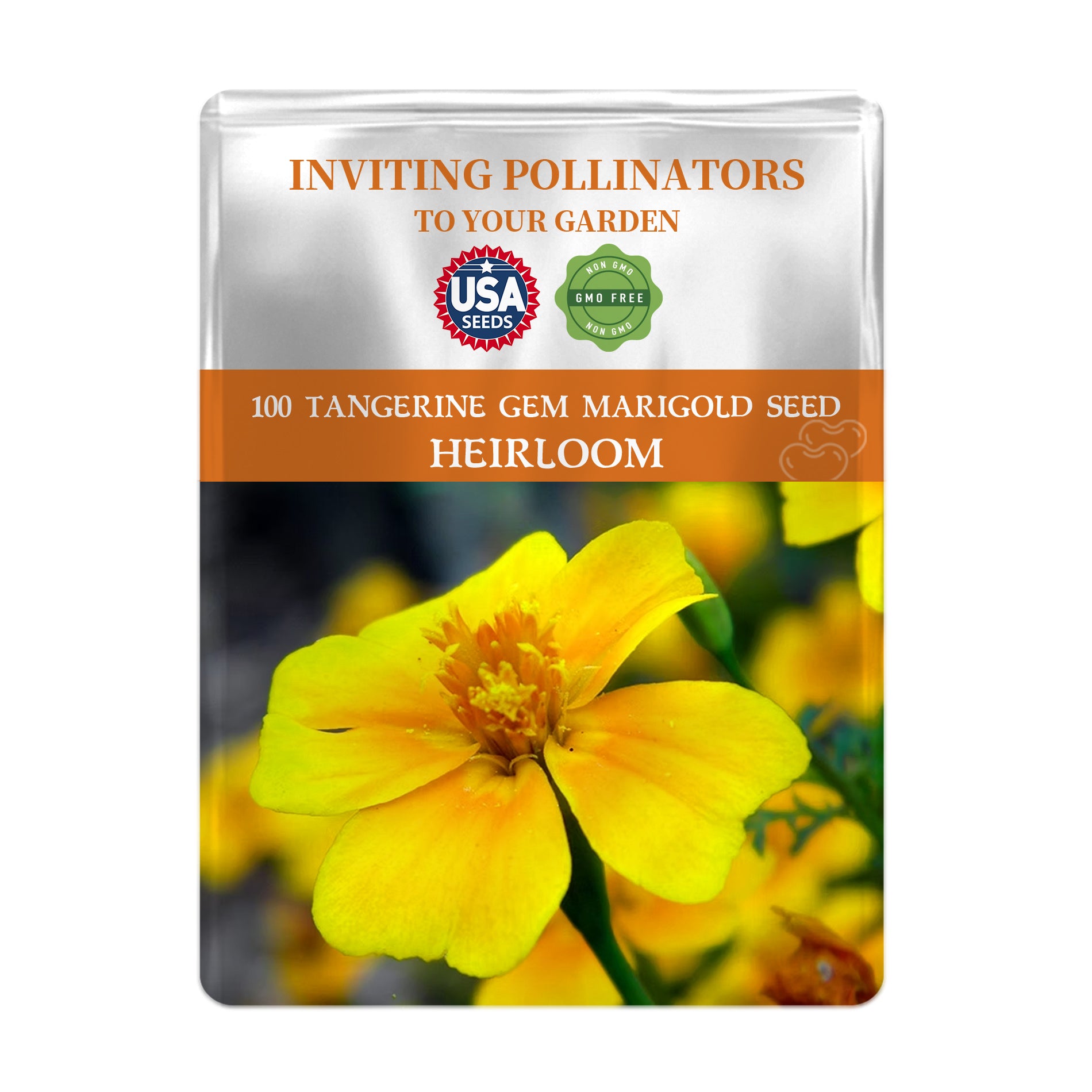 Seed packet for Tangerine Gem Marigold seeds with a yellow flower and bee on a white background.