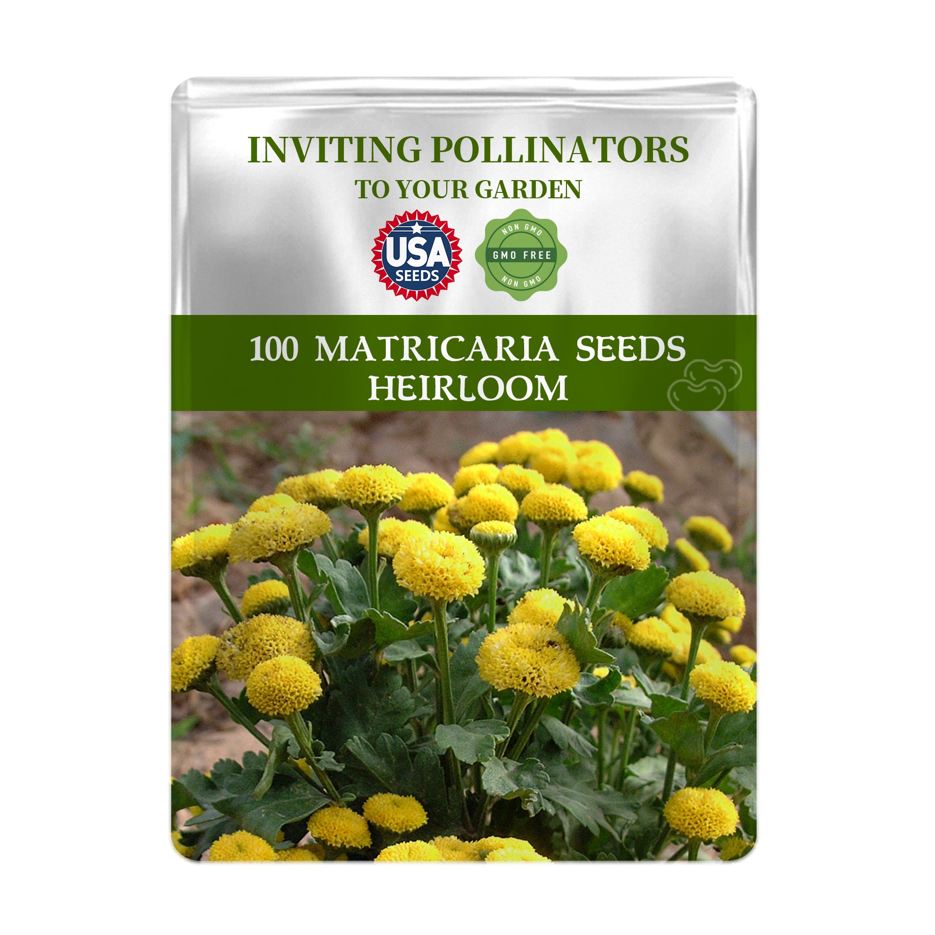 Seeds packet for Feverfew Golden Chamomile Matricaria Seeds with yellow flowers on a white background