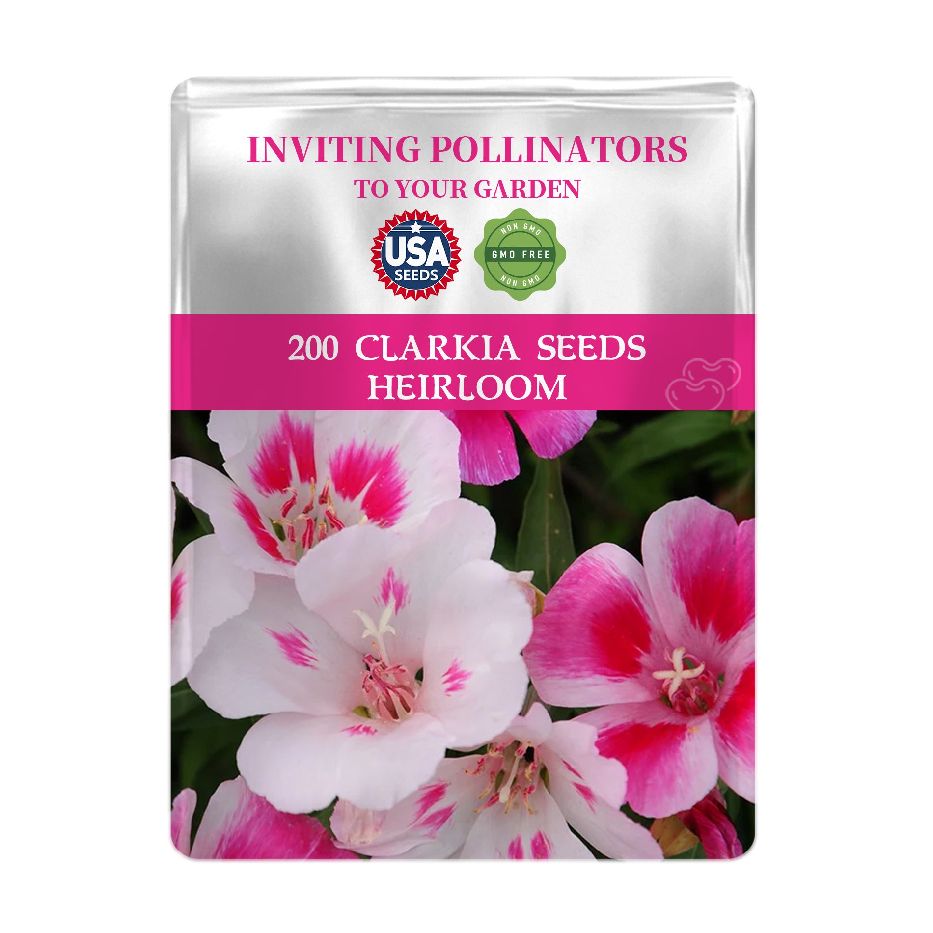 Mountain Garland Clarkia Seeds packet with Clarkia flowers and branding on a white background