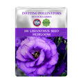 Seed packet for Double Rose Varieties Lisianthus Seeds with a purple flower on a white background