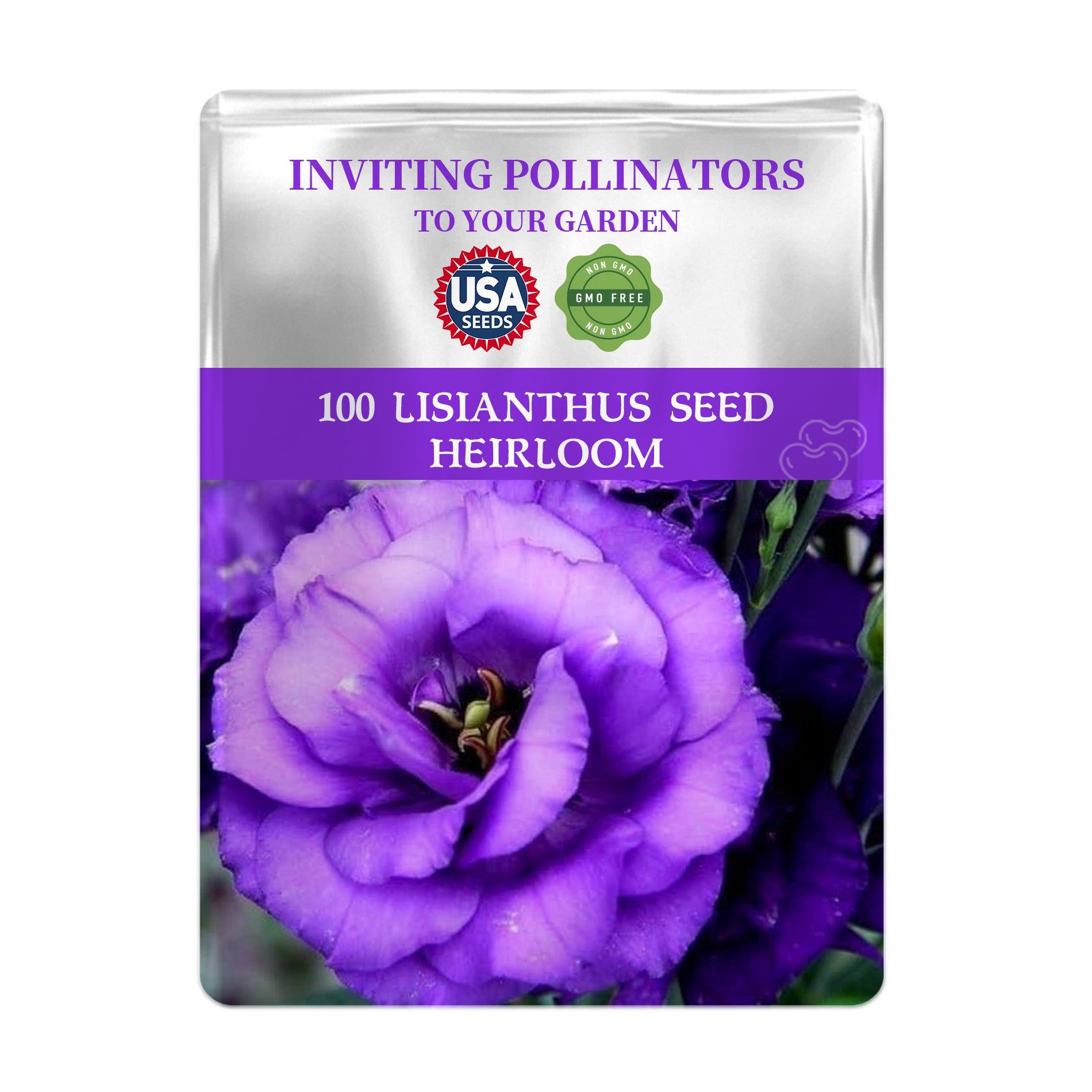 Seed packet for Double Rose Varieties Lisianthus Seeds with a purple flower on a white background