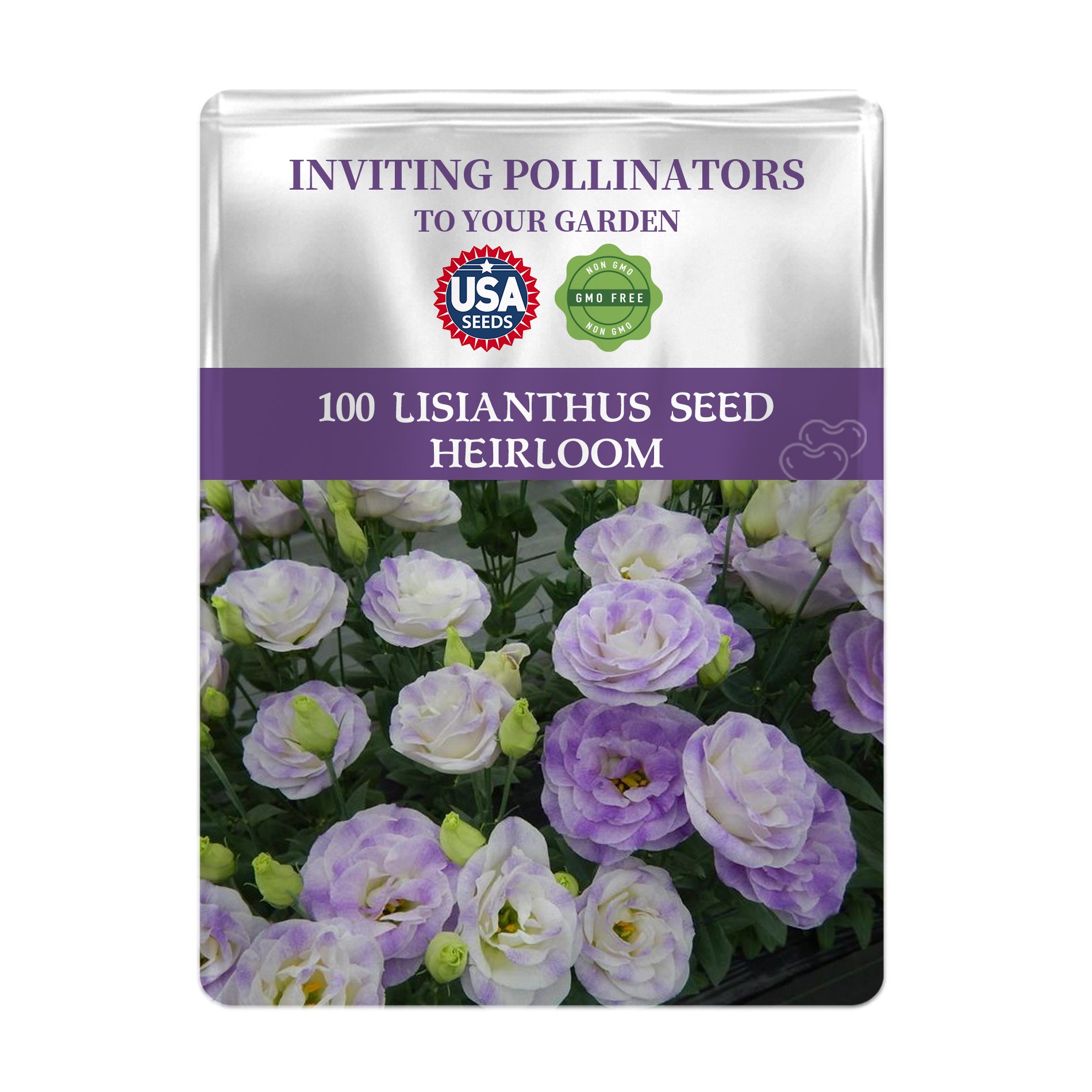 Double Rose Varieties Lisianthus Seeds packet with purple flowers on a white background