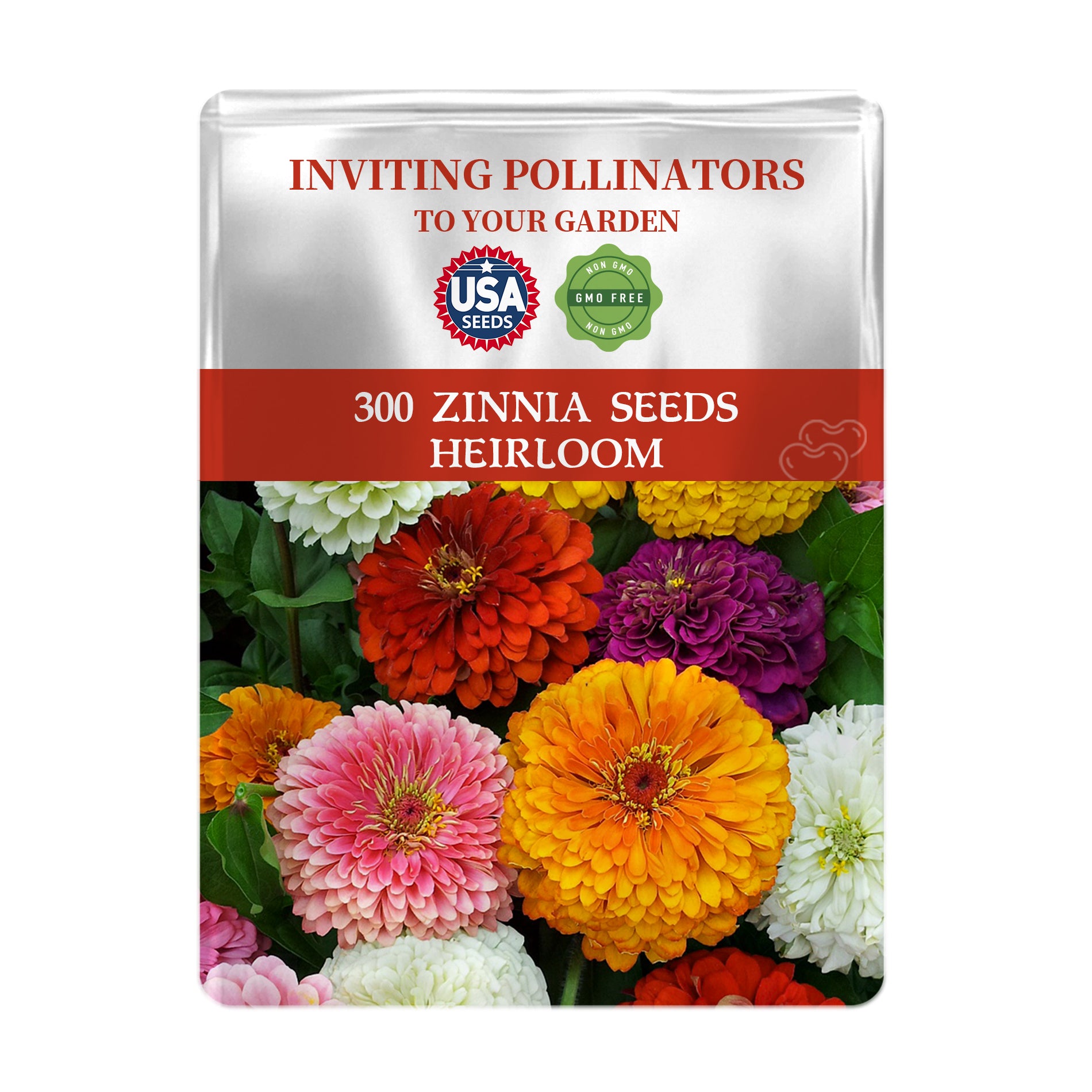 Seeds packet for Zinnia seeds with colorful flowers on a white background