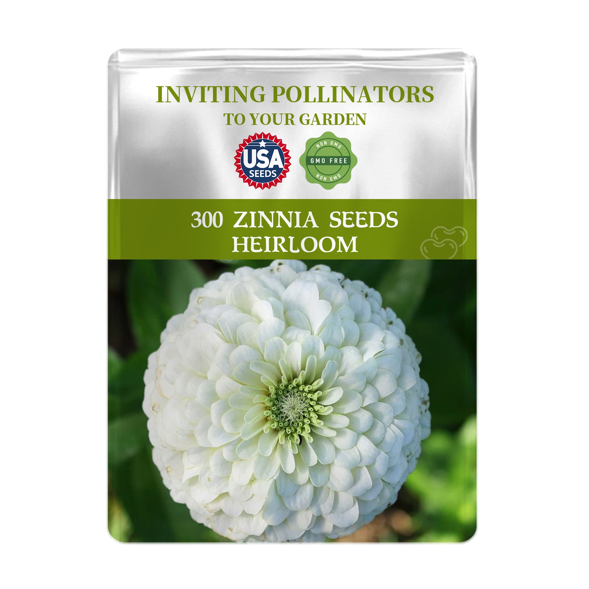 Seeds packet for Zinnia seeds with a white flower on a green background