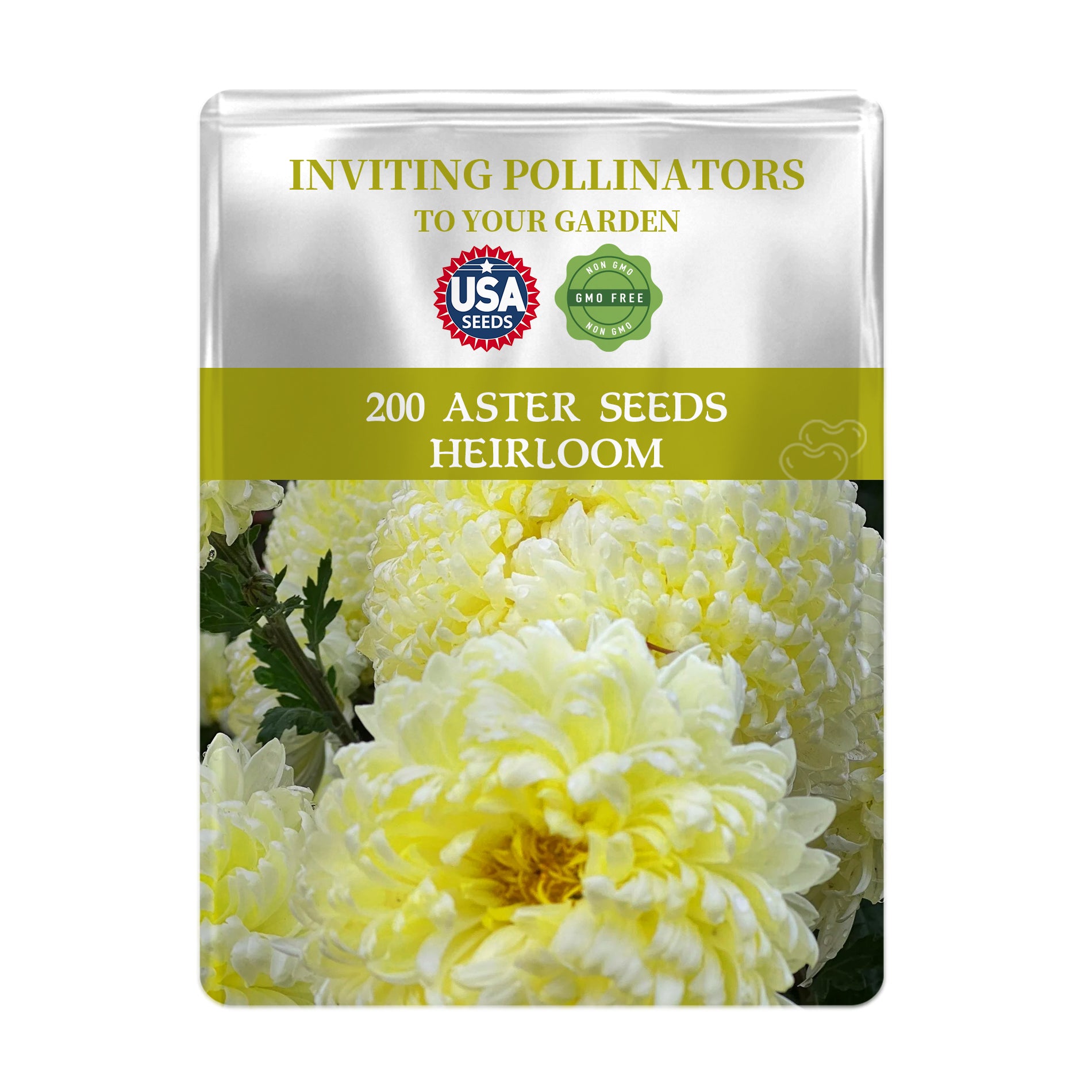 Package of 200 Cut Flower China Aster Seeds with yellow flowers on a white background