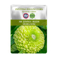 Seed packet for Zinnia seeds with a green flower on a white background