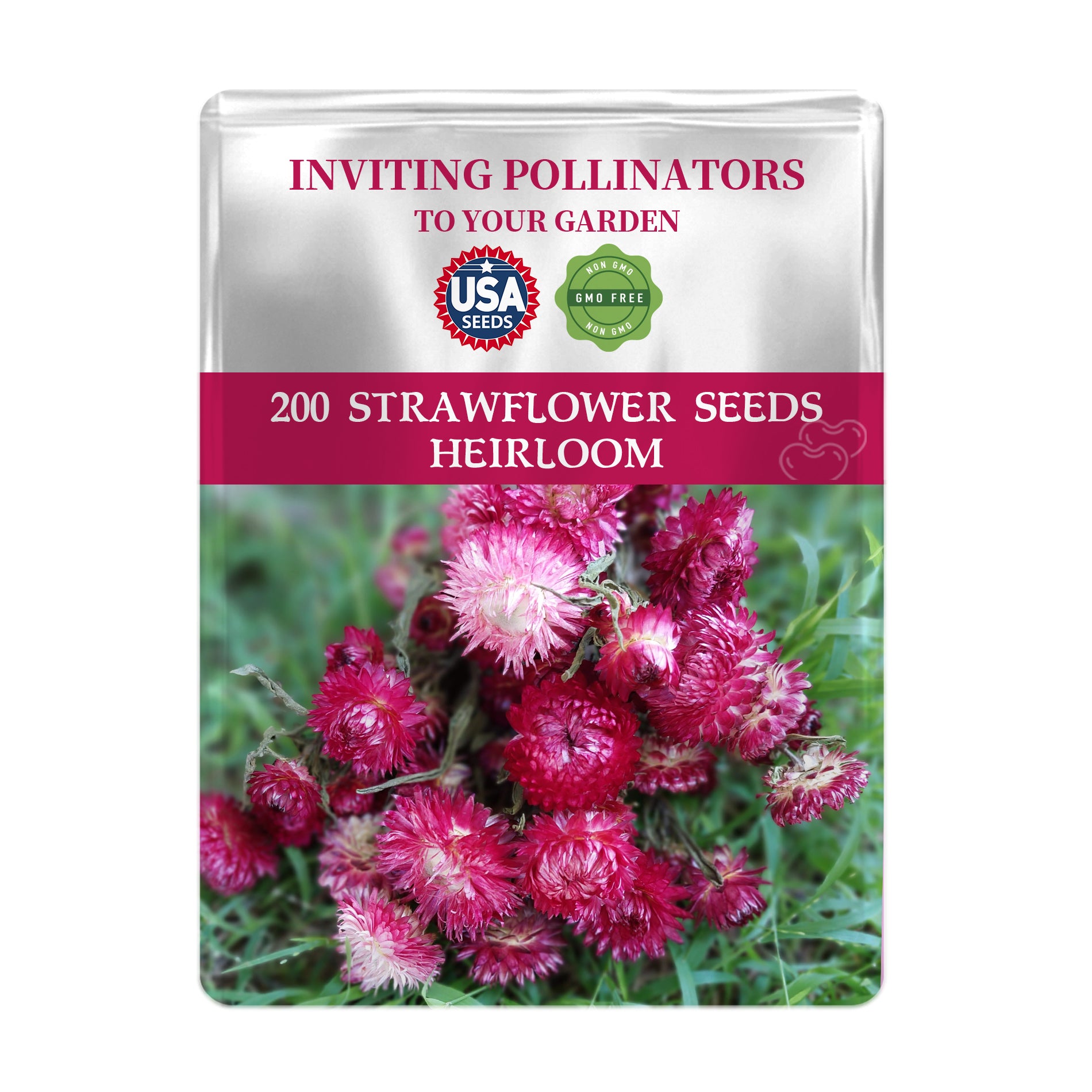 Strawflower seeds packaging with pink flowers on a white background