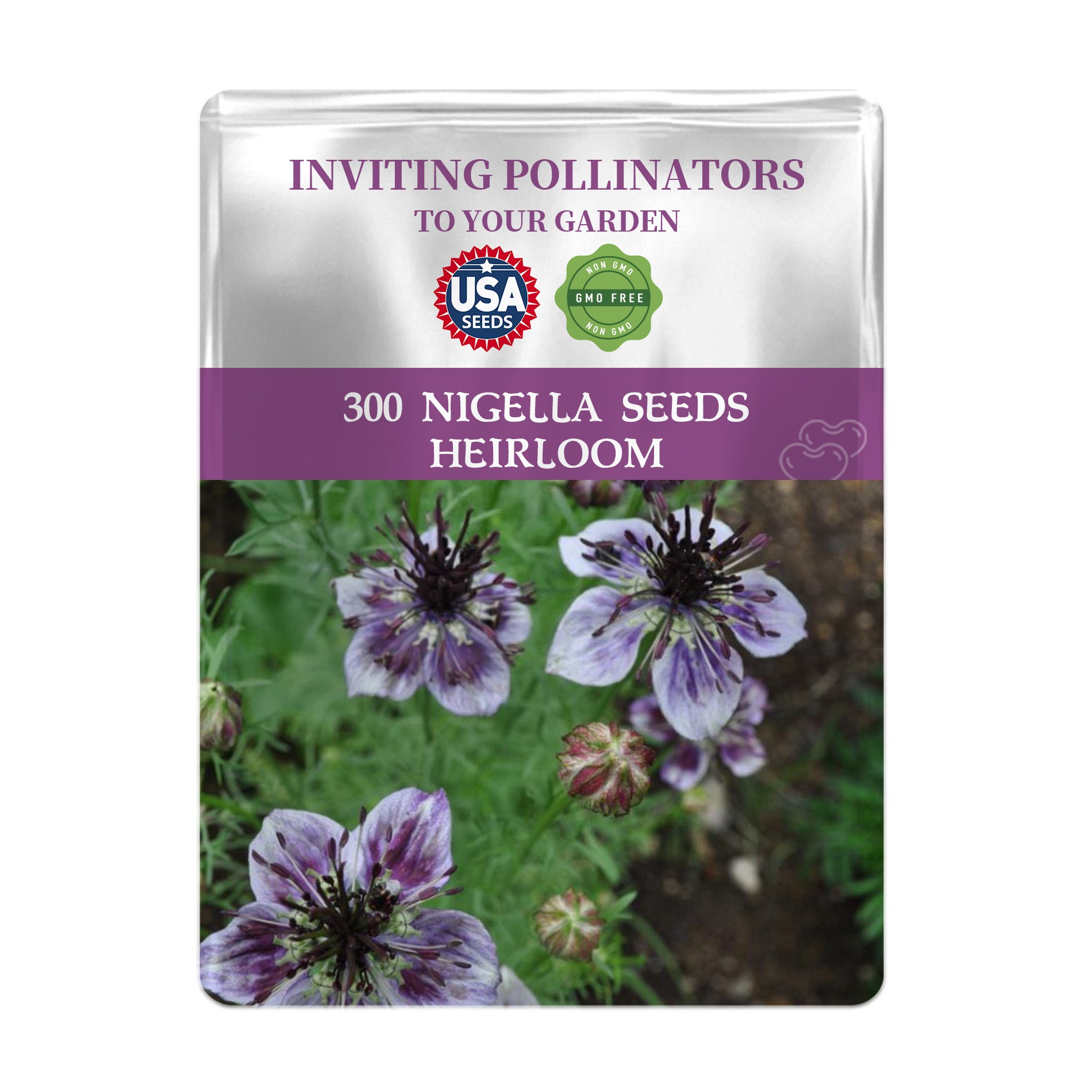 Seeds packet for Love-In-A-Mist Nigella Seeds with purple flowers on a white background
