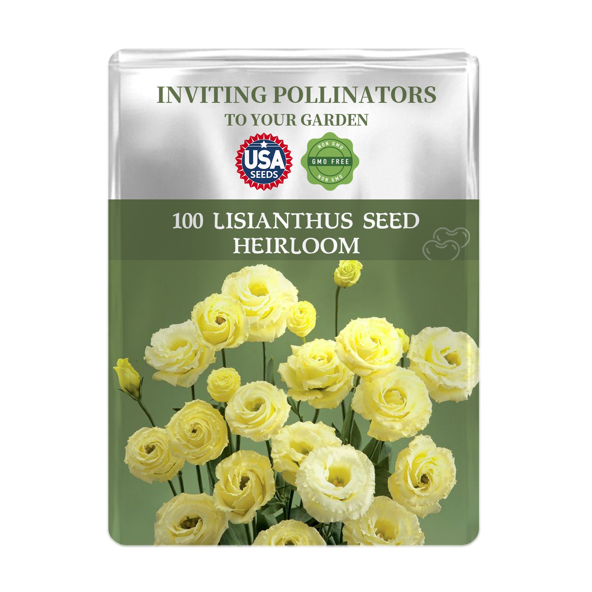 Double Rose Varieties Lisianthus Seeds packet with yellow flowers on a green background