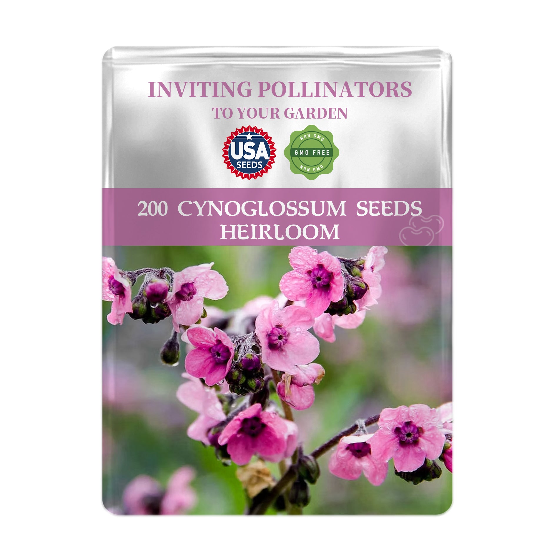 Seeds packet for Chinese Forget-Me-Not Cynoglossum Seeds with pink flowers on a white background