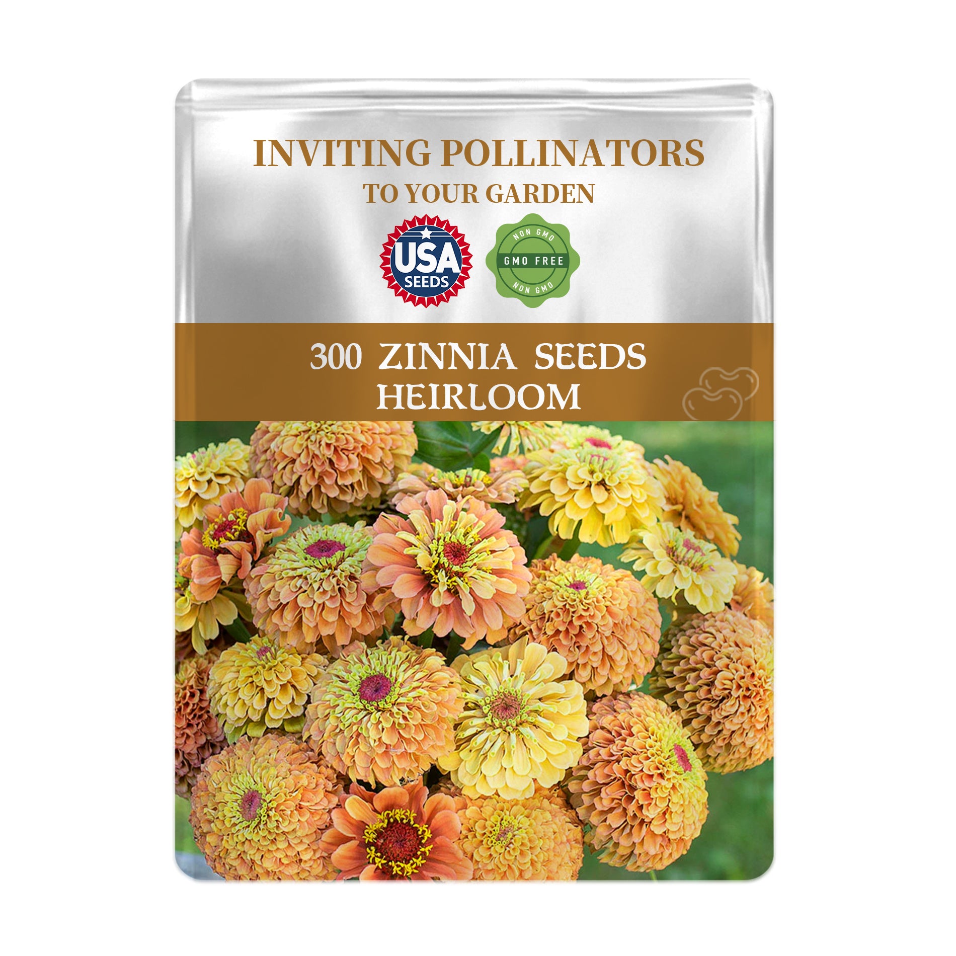 Seeds packet for Zinnia seeds with colorful flowers on a white background