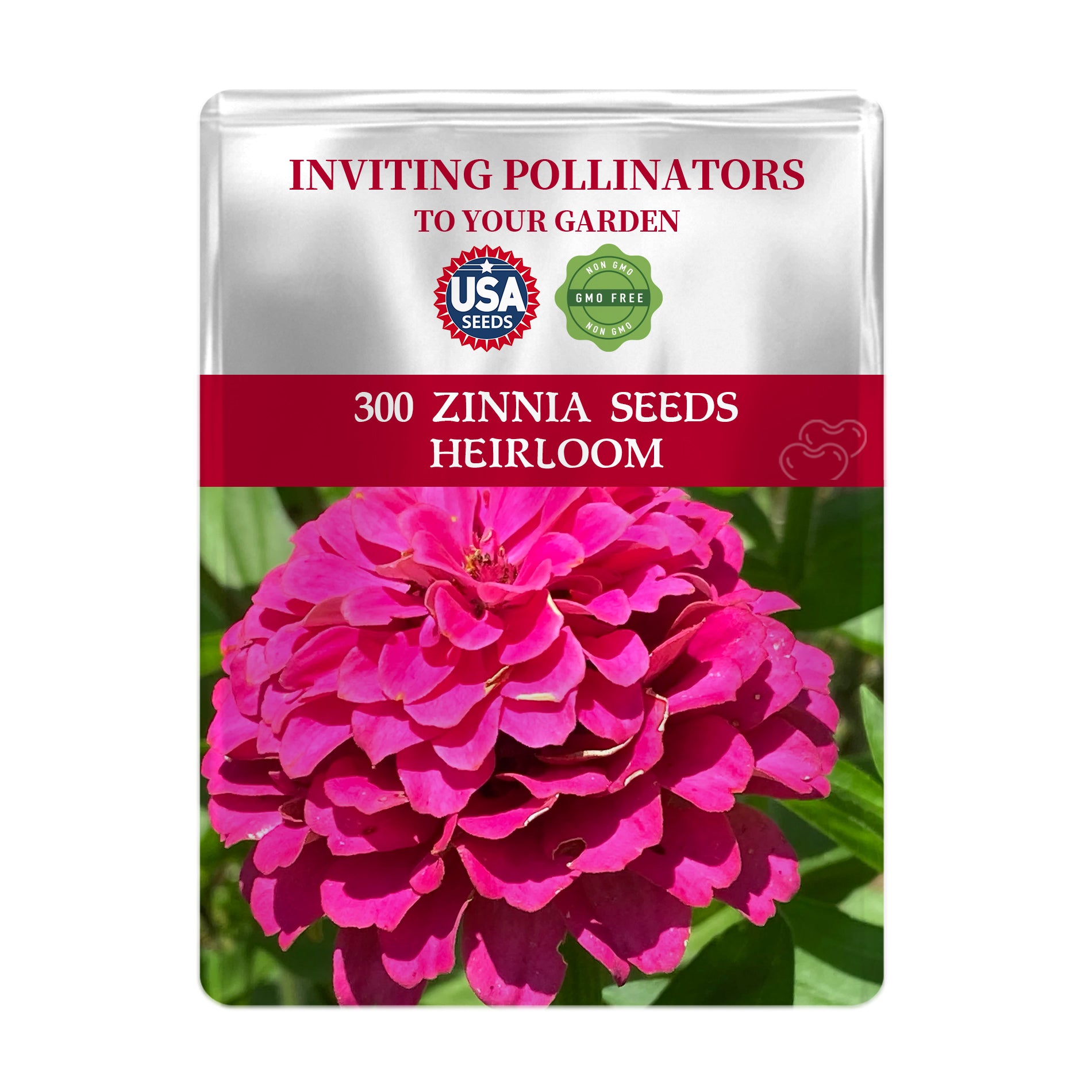 Seeds packet with pink zinnia flower and branding on a white background