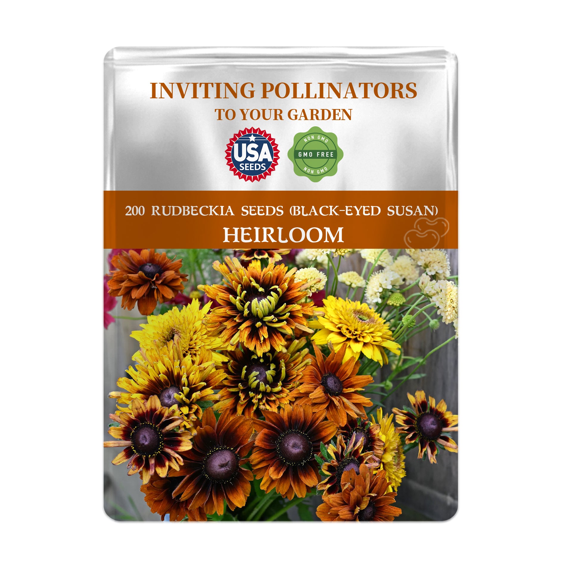 Seeds packet for Black-Eyed Susan Rudbeckia Seeds with colorful flowers on a white background