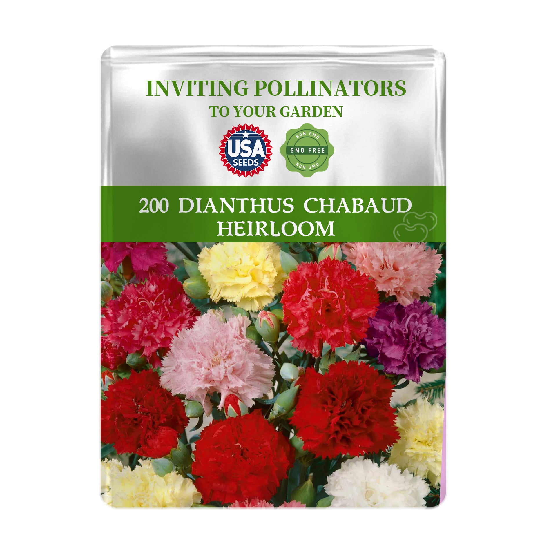 Sweet William Dianthus Seeds packet for Dianthus Chabaud Heirloom with colorful flowers on a white background