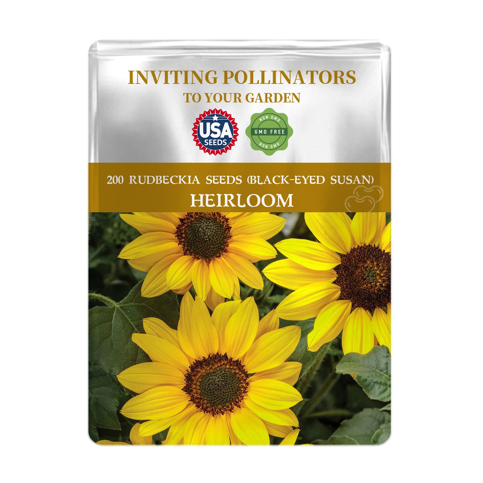 Seed packet for Rudbeckia seeds with sunflower images and text on a white background