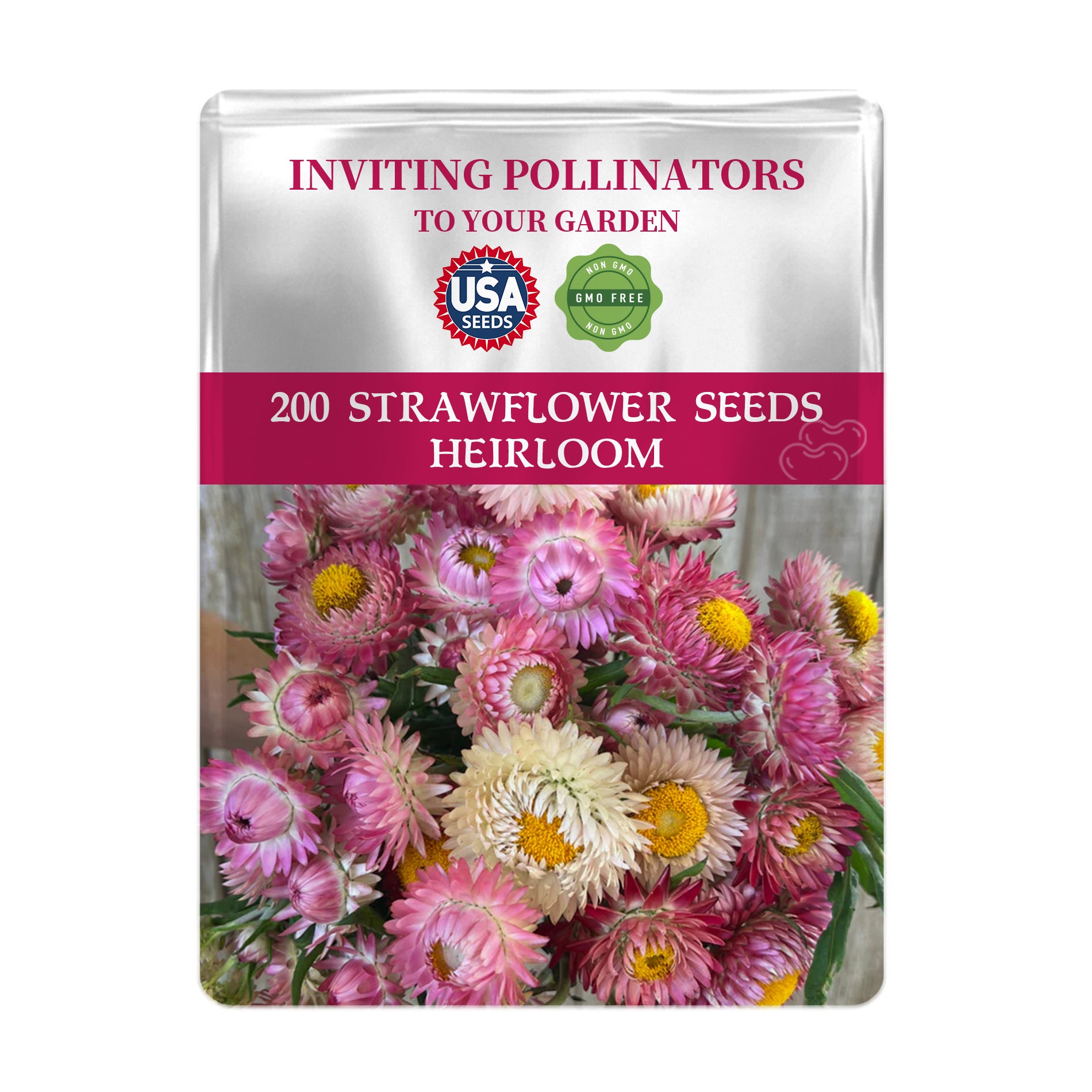 Strawflower seeds packaging with pink and white flowers on a white background