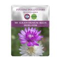 Seeds packet with purple flower and text '300 Xeranthemum Seeds Heirloom' on a white background
