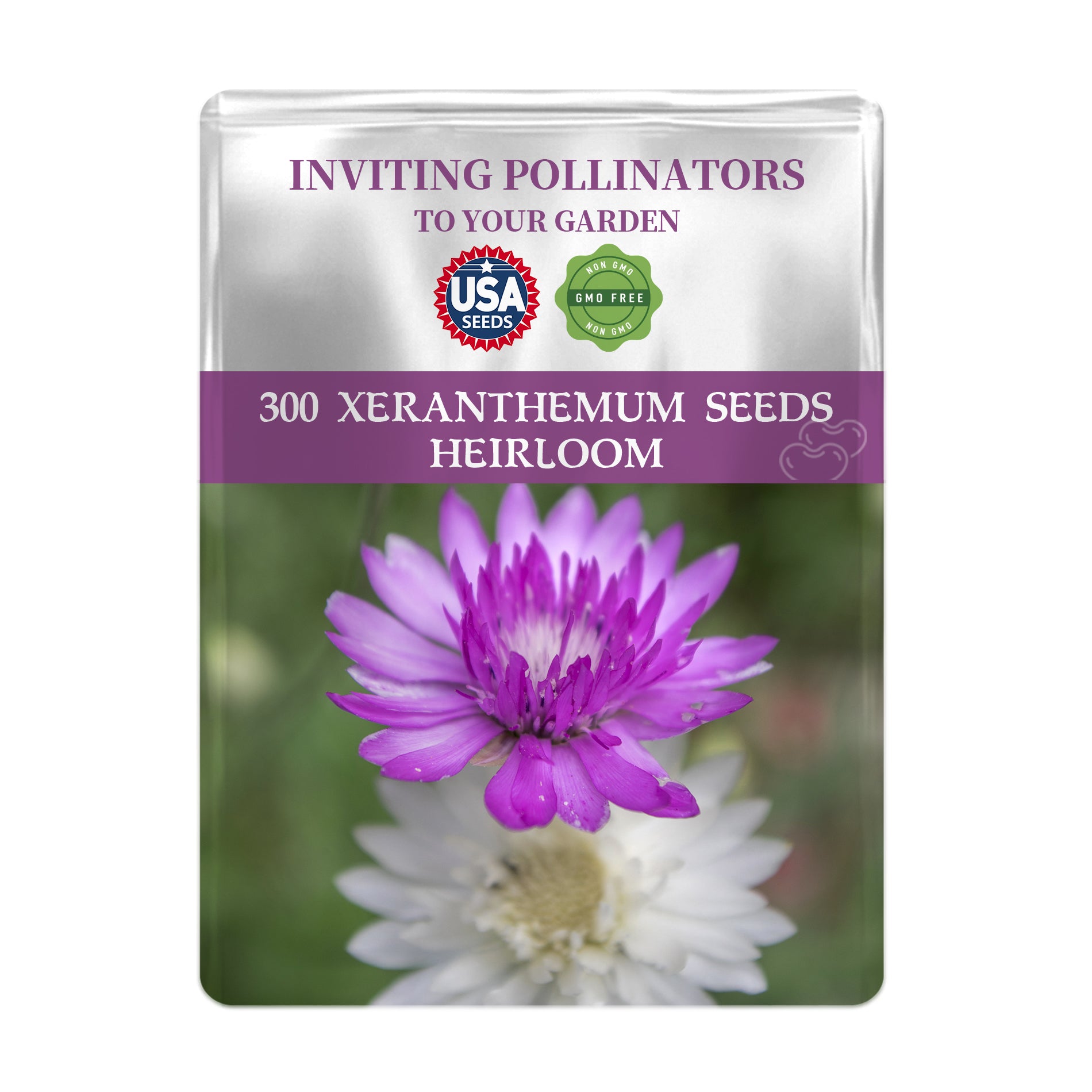 Seeds packet with purple flower and text '300 Xeranthemum Seeds Heirloom' on a white background