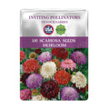 Seeds packet for Scabiosa seeds with colorful flowers on a white background
