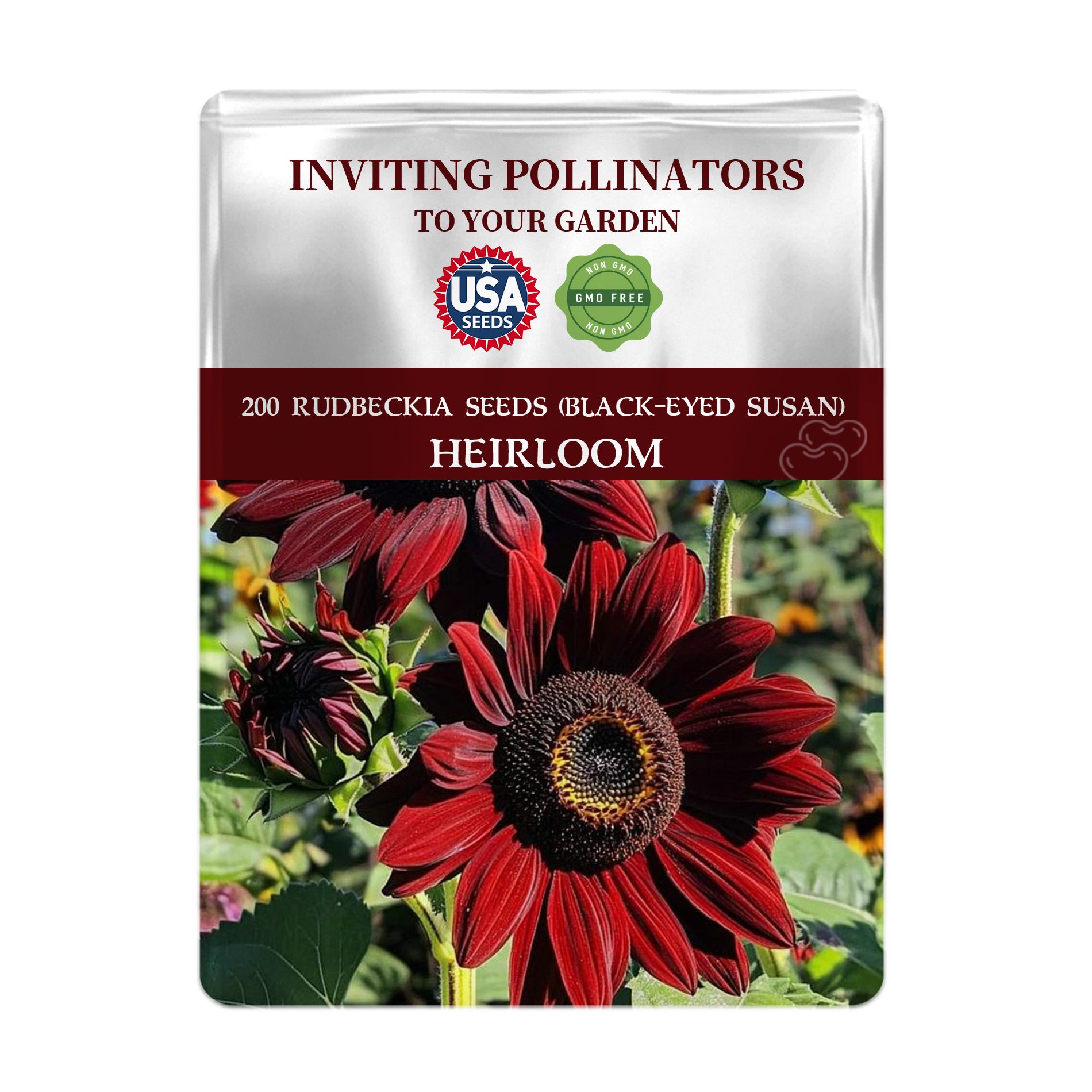 Seeds packet for Rudbeckia seeds with a red flower on a white background