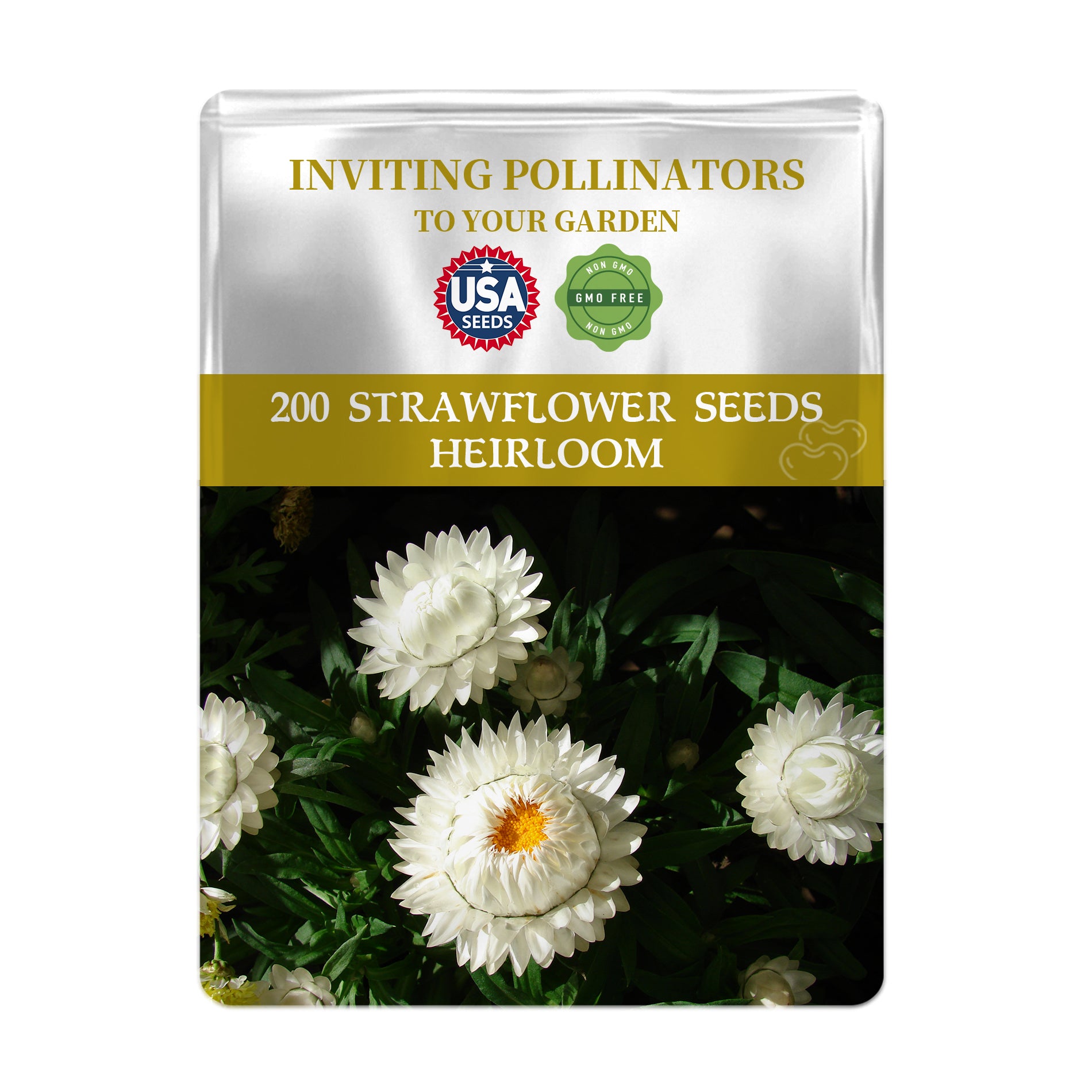 Package of 200 heirloom strawflower seeds with USA Seeds branding and images of white flowers.