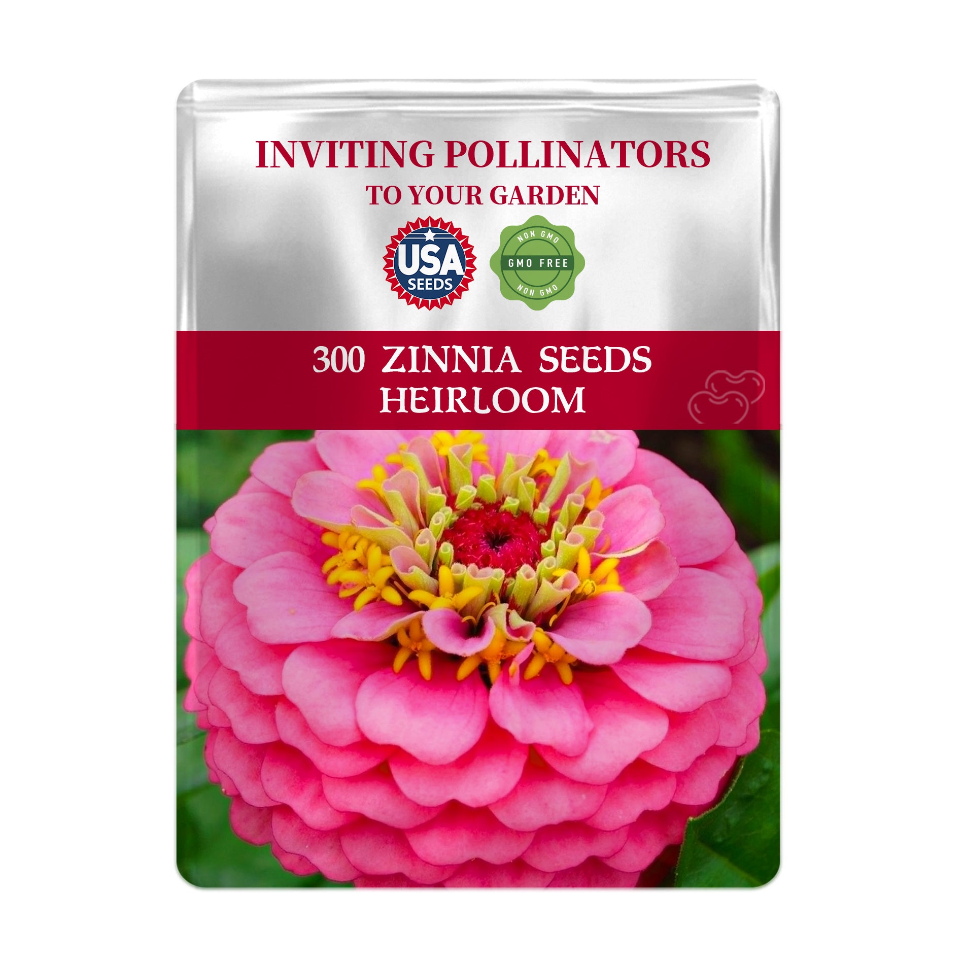 Zinnia seeds packet with a pink flower on a white background