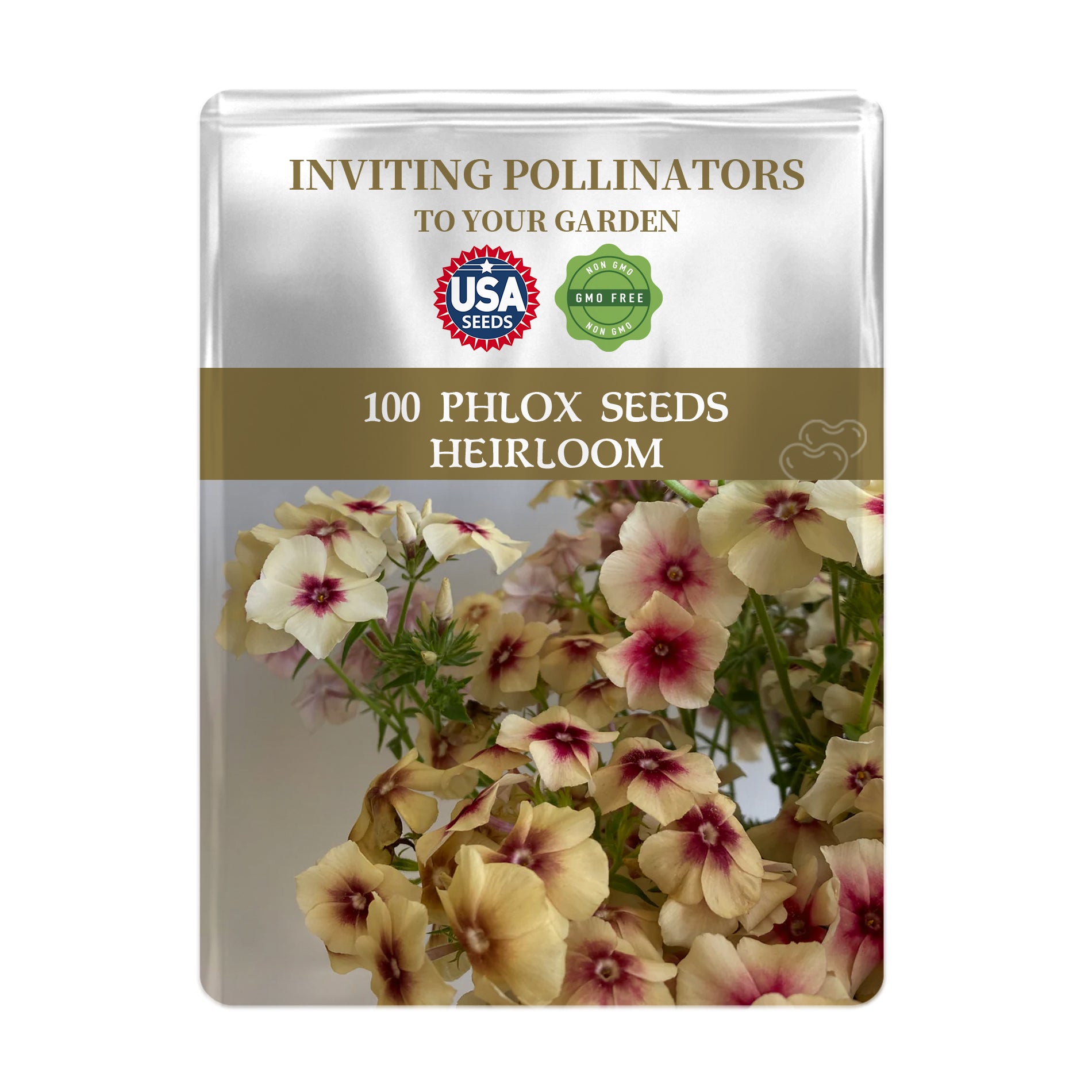 Seeds packet for Phlox seeds with USA Seeds branding and flower images on a white background