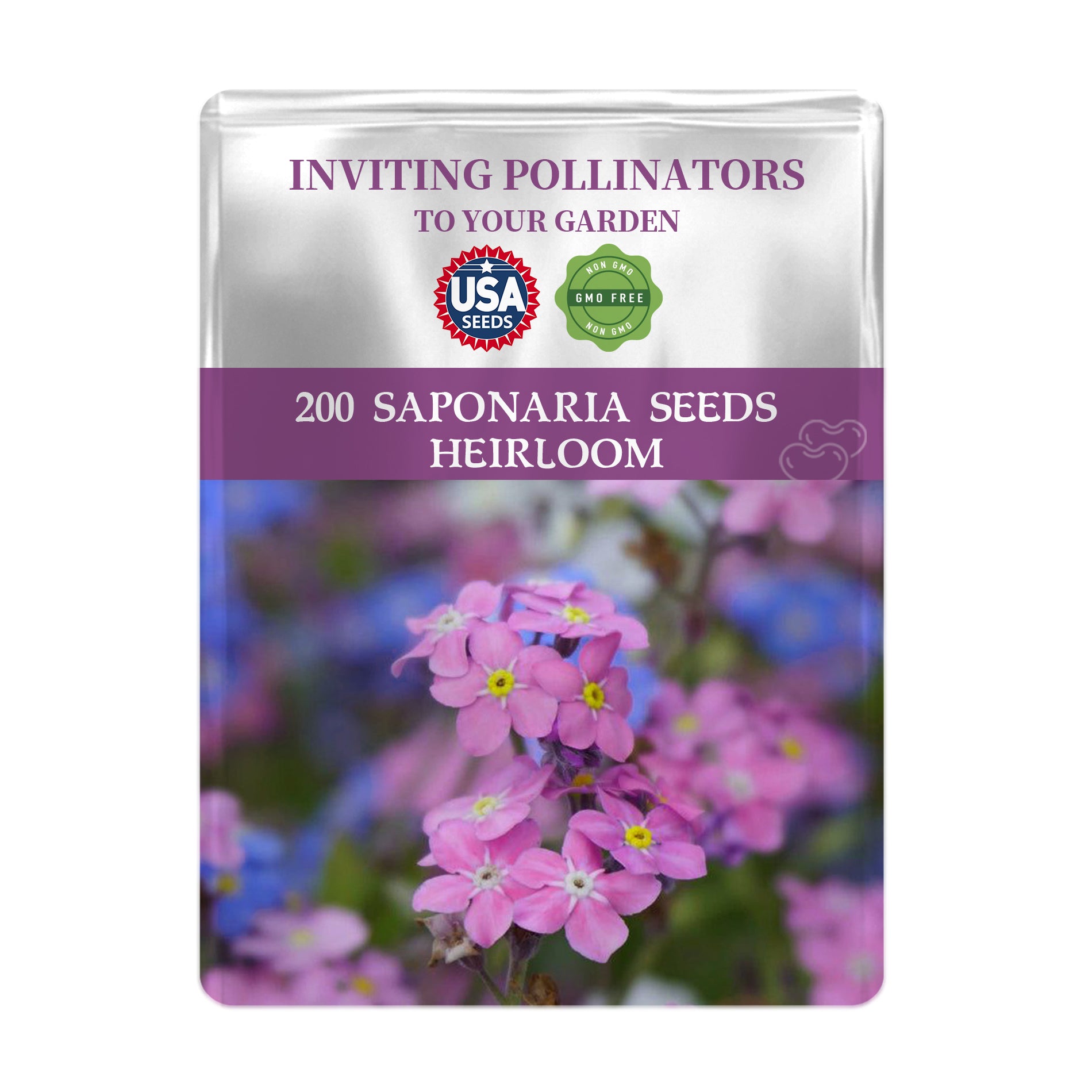 Seed packet for Saponaria seeds with pink flowers on a white background
