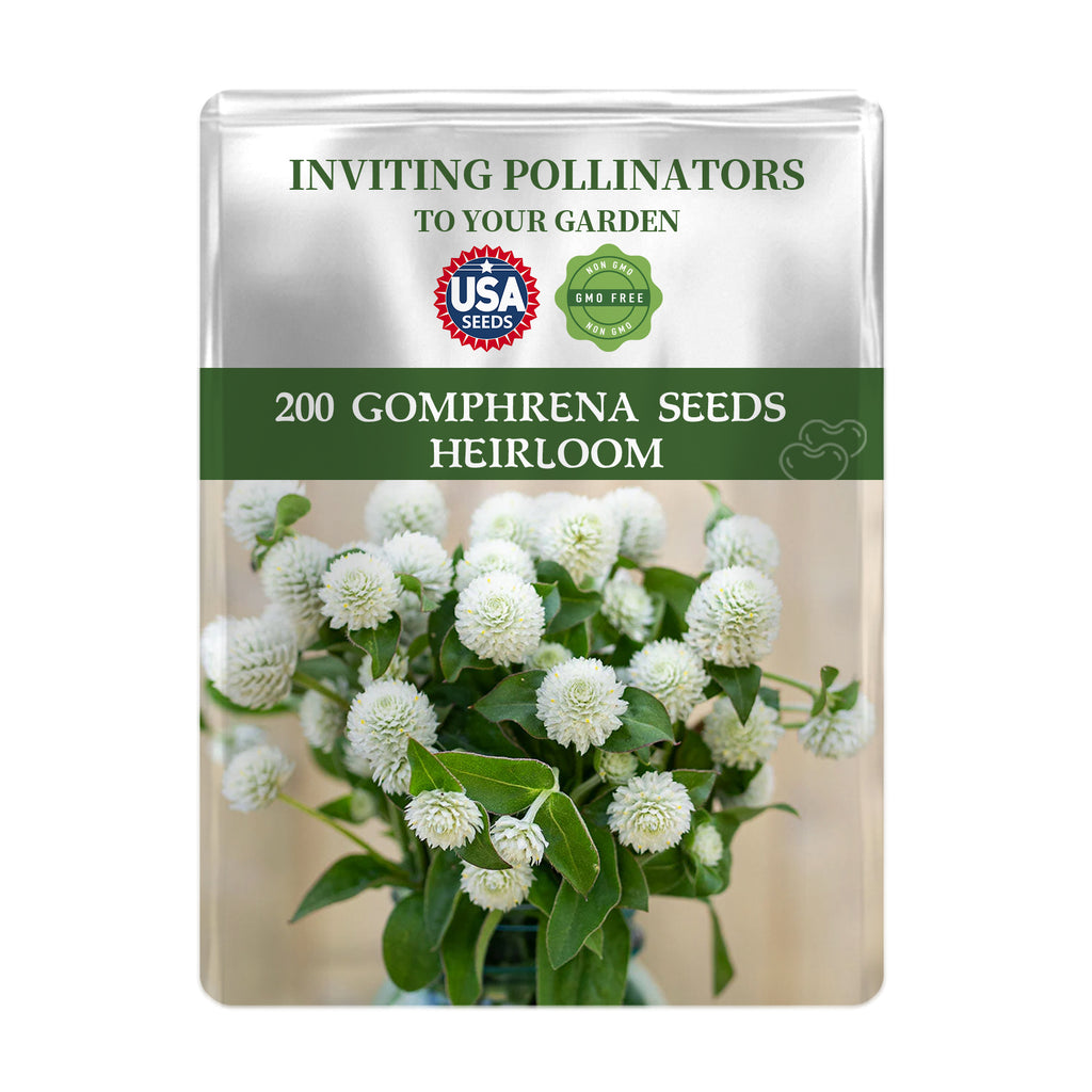 Seeds packet for Globe Amaranth Gomphrena Seeds with USA Seeds branding and flower image on a white background