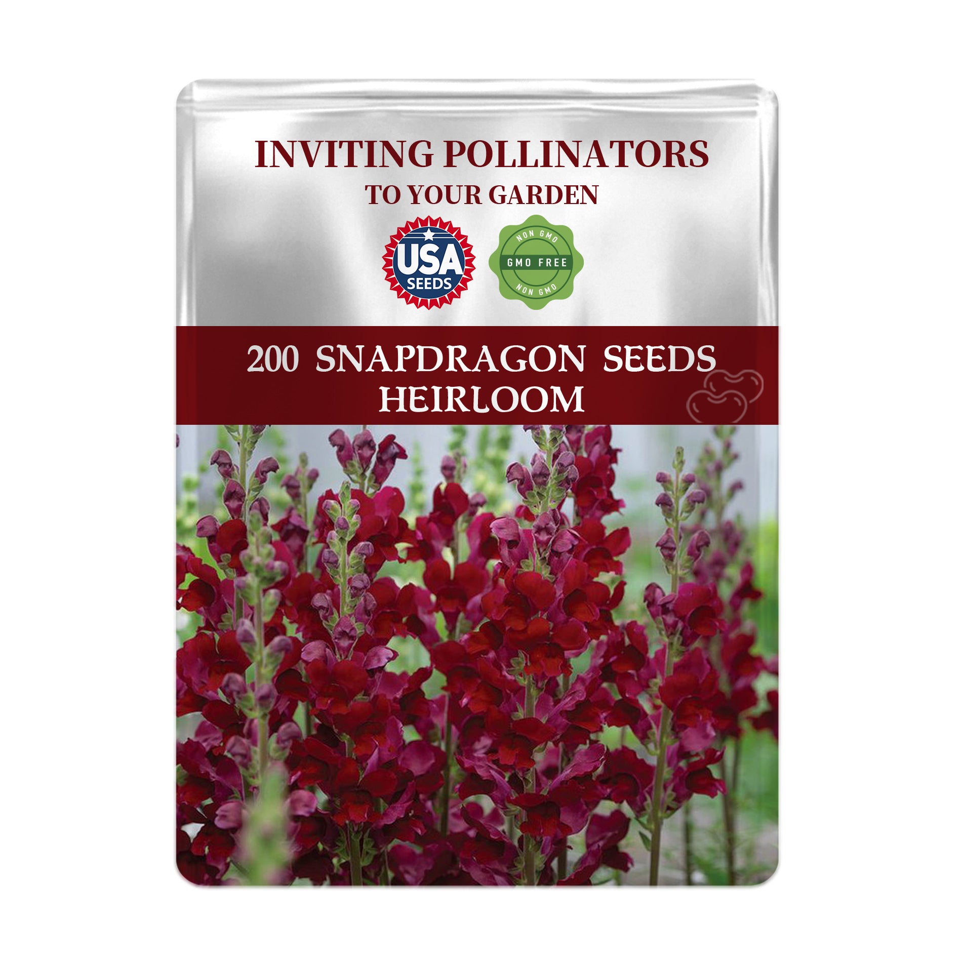 Seed packet for Snapdragon seeds with red flowers on a white background
