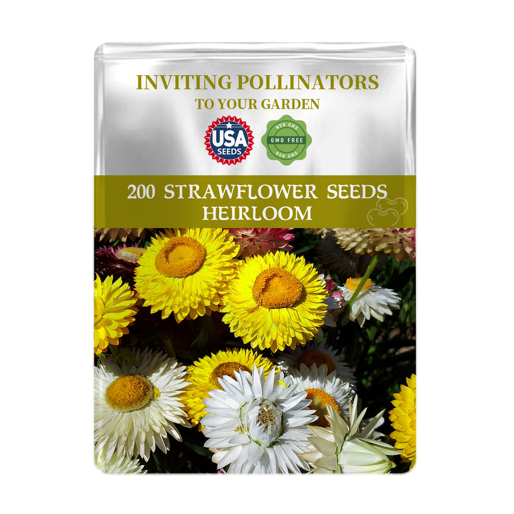 Package of 200 strawflower seeds with USA Seeds branding and images of flowers on a white background.