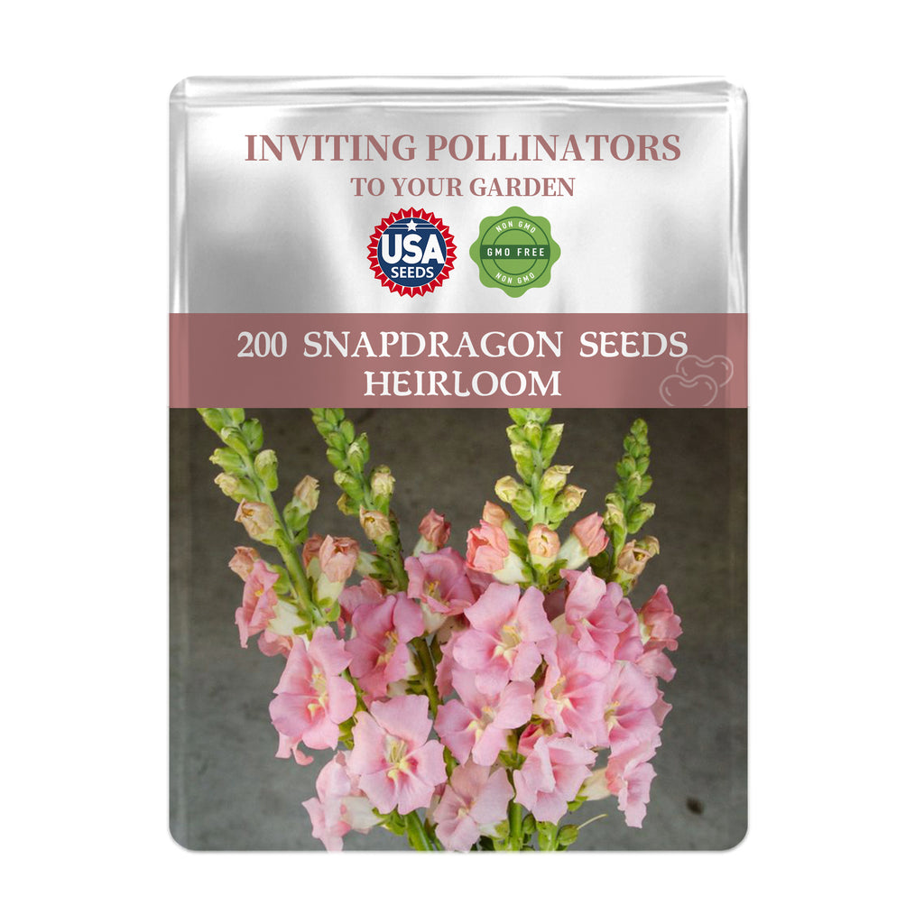 Seed packet for Snapdragon seeds with pink flowers on a white background